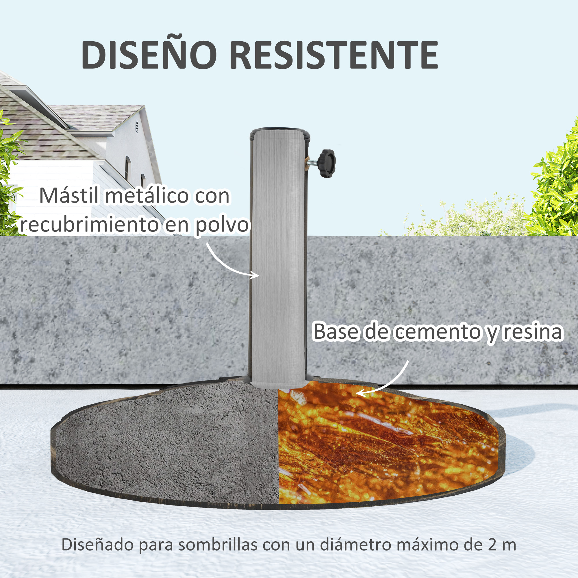 Base de cemento y resina con mástil de metal y recubrimiento.