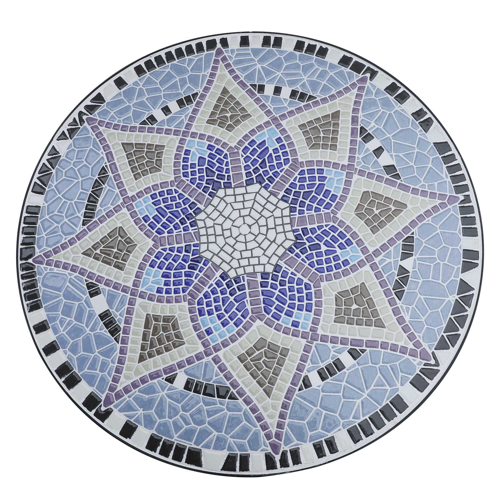Tablero redondo de mosaico con patrón de estrella azul y acentos gris-blancos.