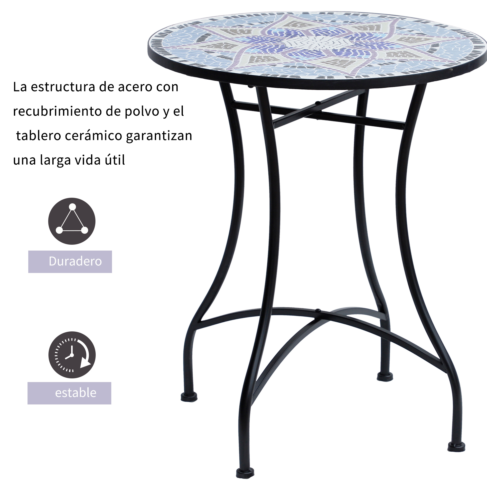 Una mesa redonda con tablero de mosaico y estructura de metal.