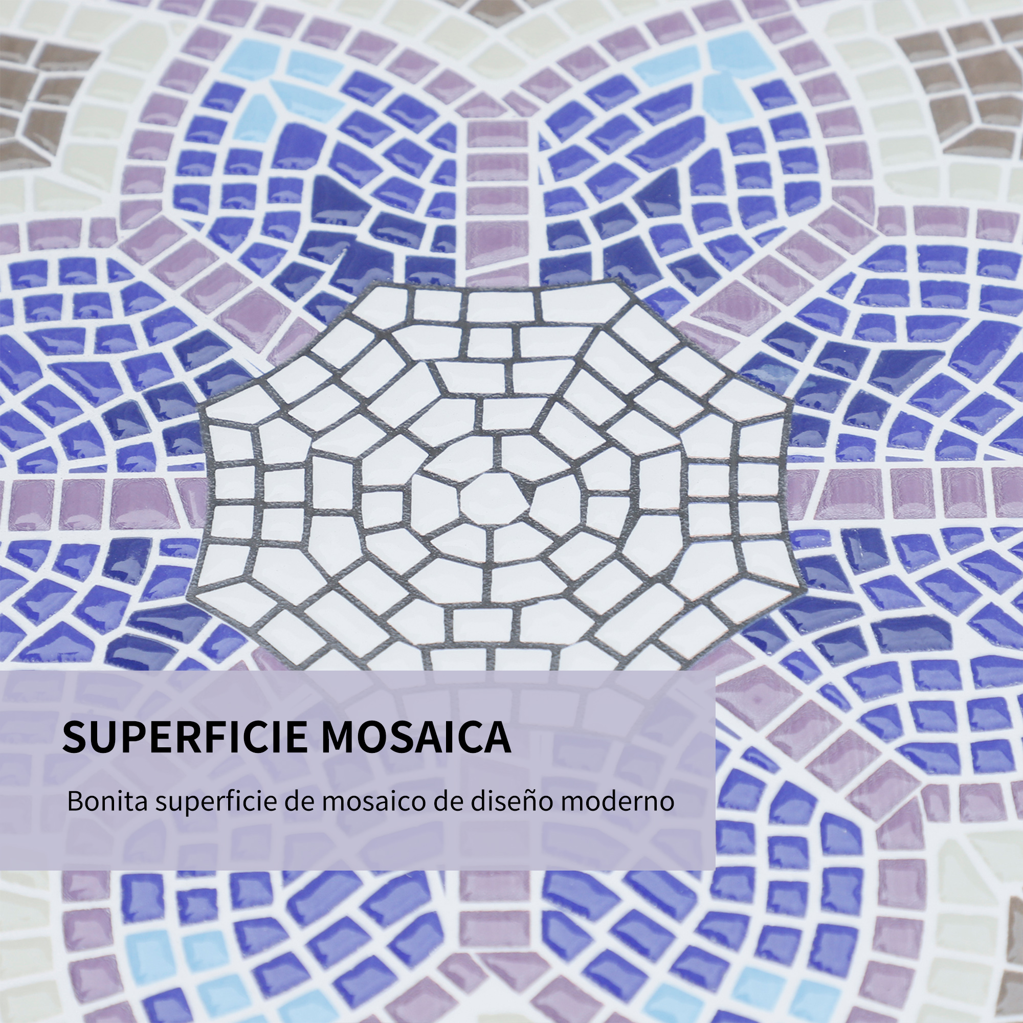 Una colorida superficie de mosaico con patrones geométricos en azul, morado y blanco.