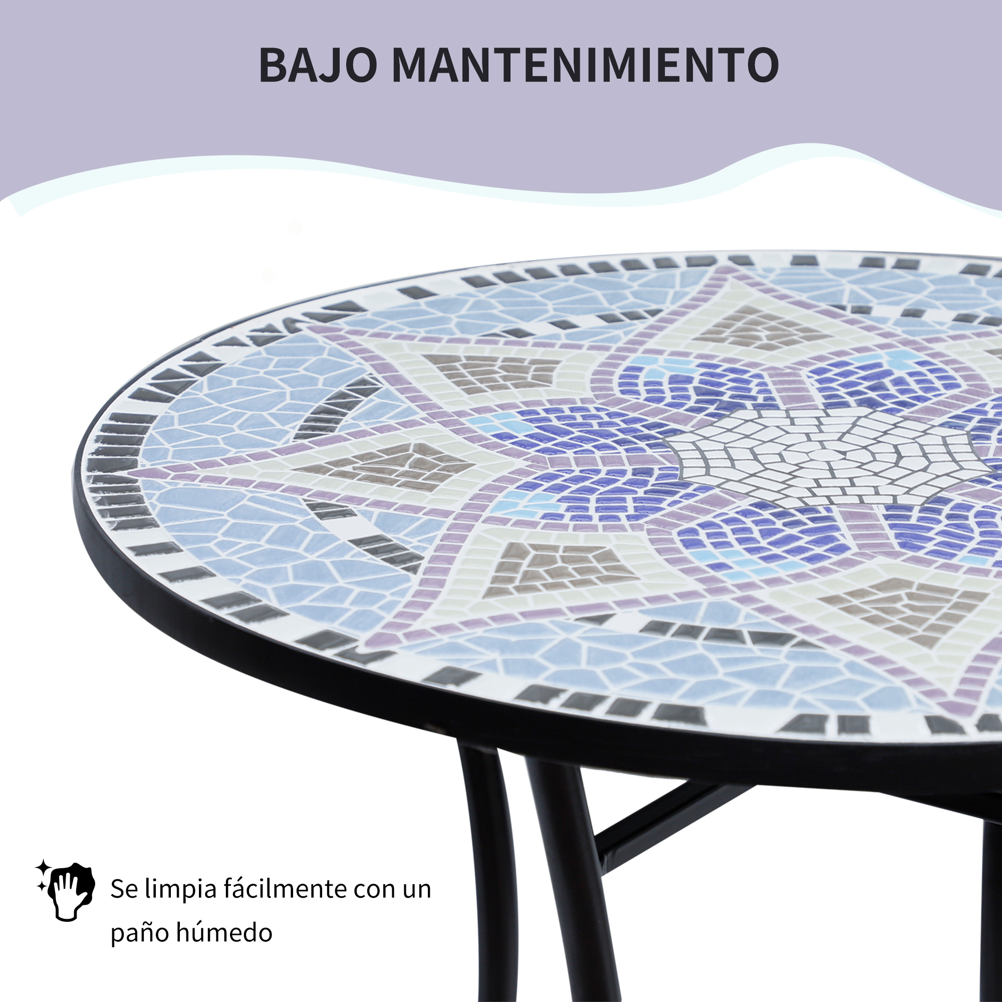 Mesa redonda de mosaico con patrón azul, gris y morado. Fácil de limpiar.