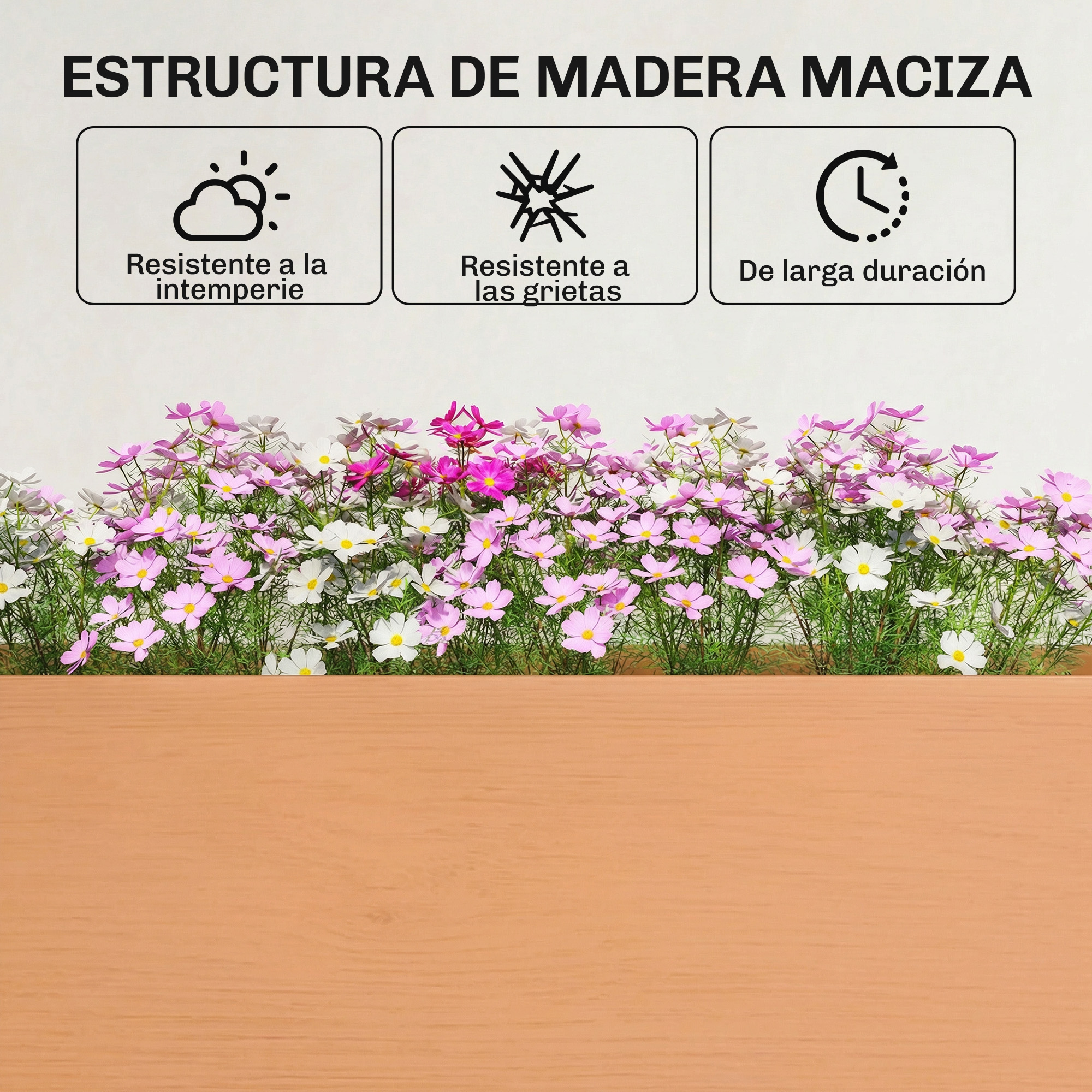 Estructura de madera maciza con flores, resistente.