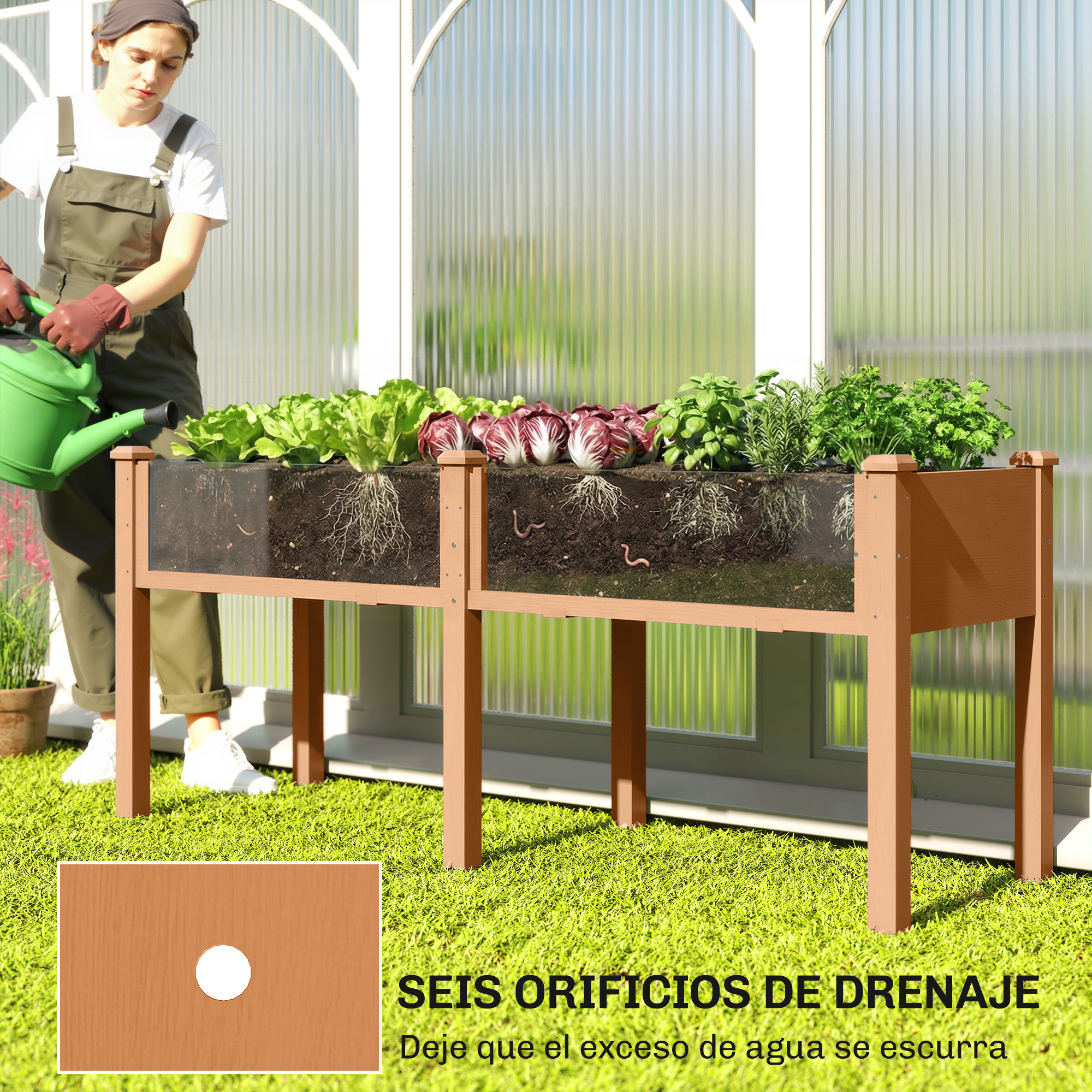 Mujer regando plantas en bancal elevado mostrando raíces y lombrices.