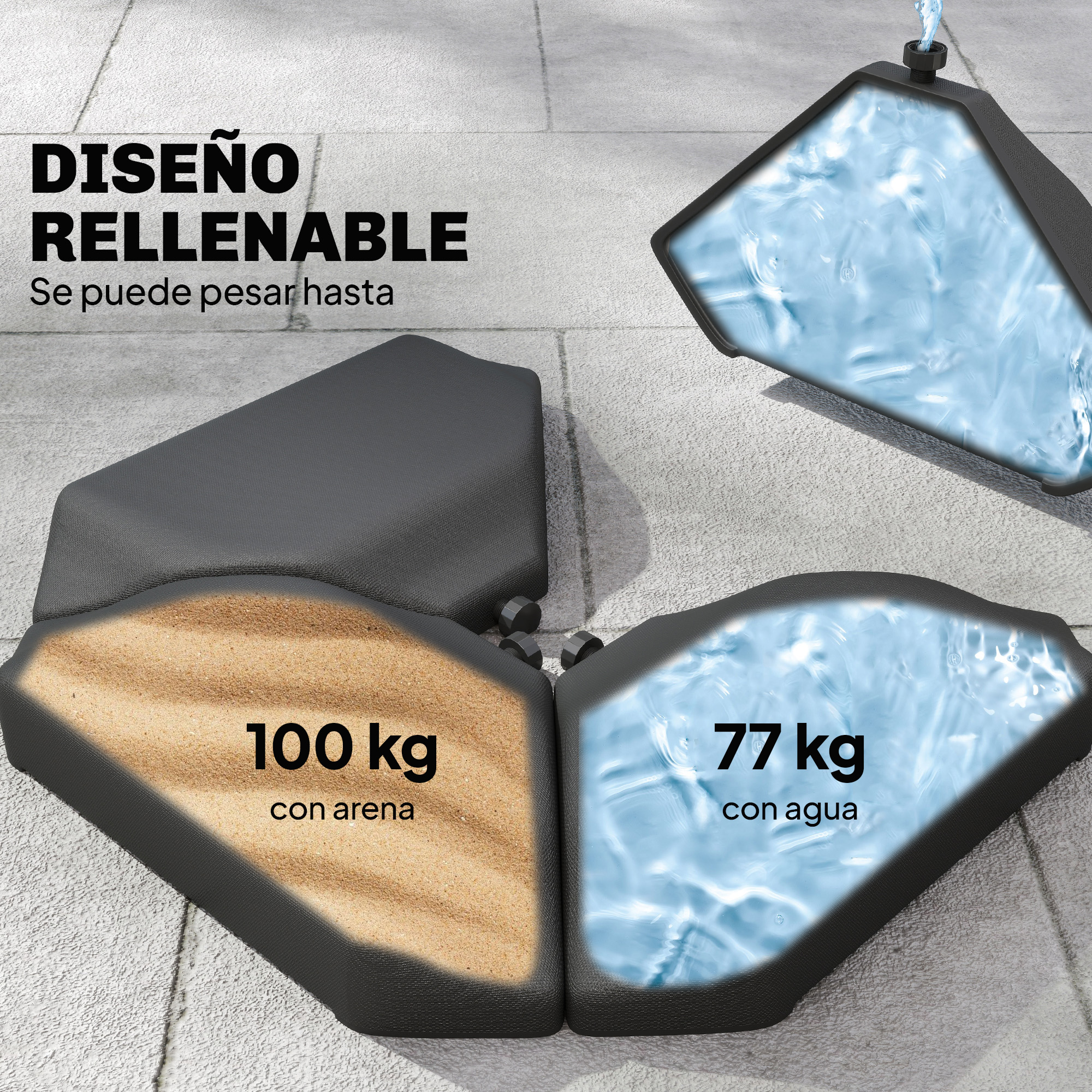 Base rellenable: 100 kg con arena, 77 kg con agua.