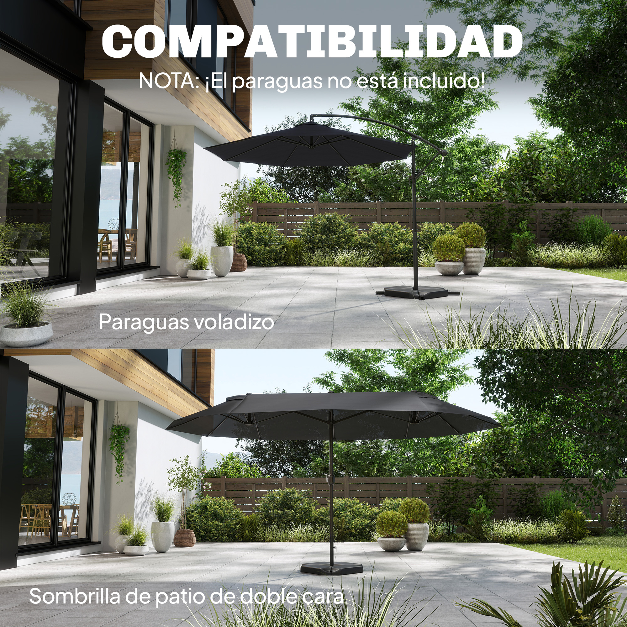 Un paraguas voladizo negro en un patio de piedra junto a una casa.