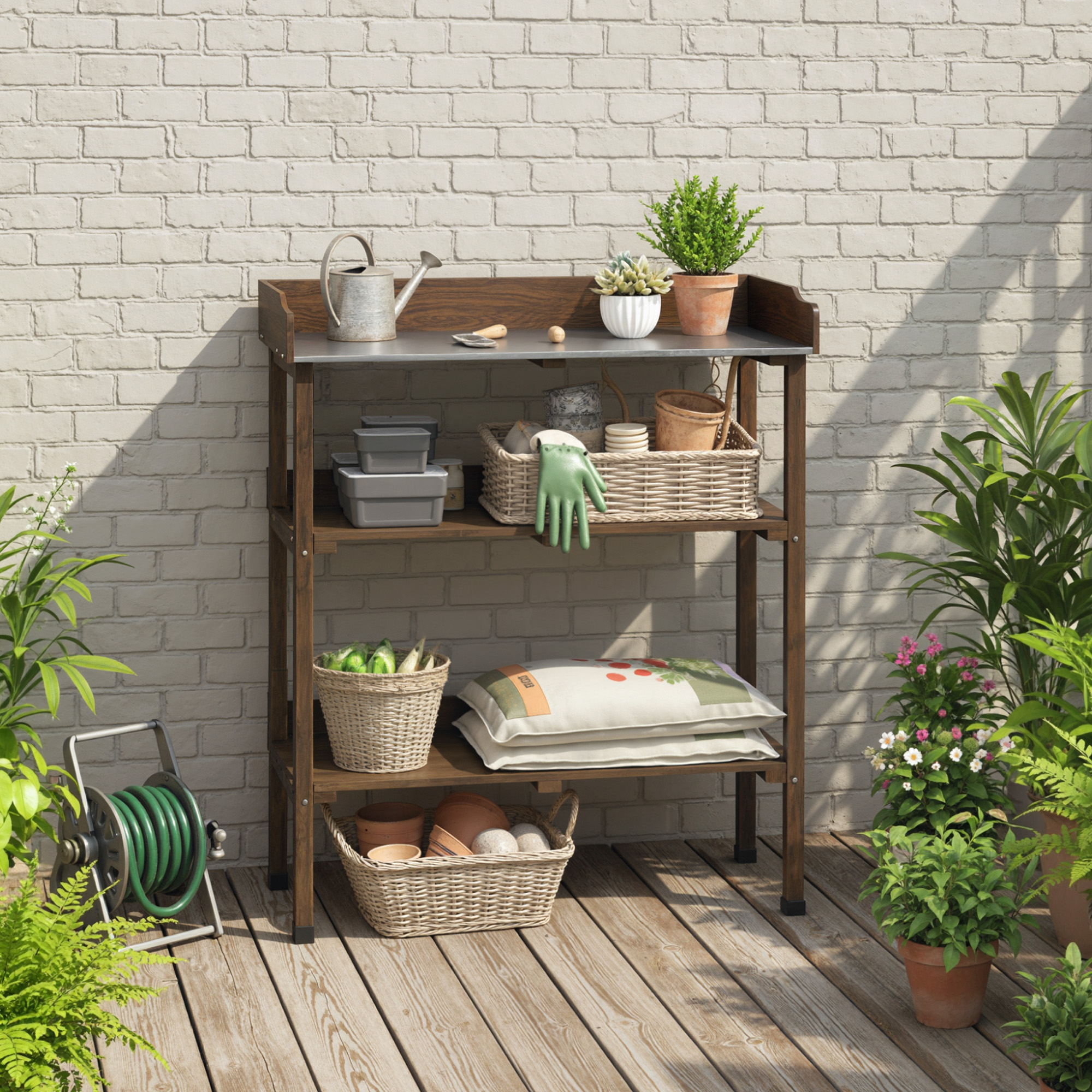 Un banco de jardinería con herramientas, plantas y cestas contra una pared de ladrillos.