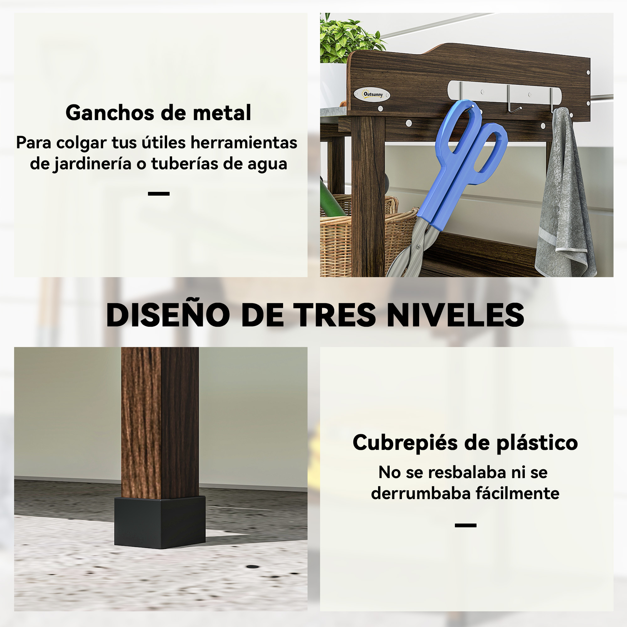Estantería de madera con ganchos, tijeras, toalla, cesta y planta. Diseño de tres niveles.
