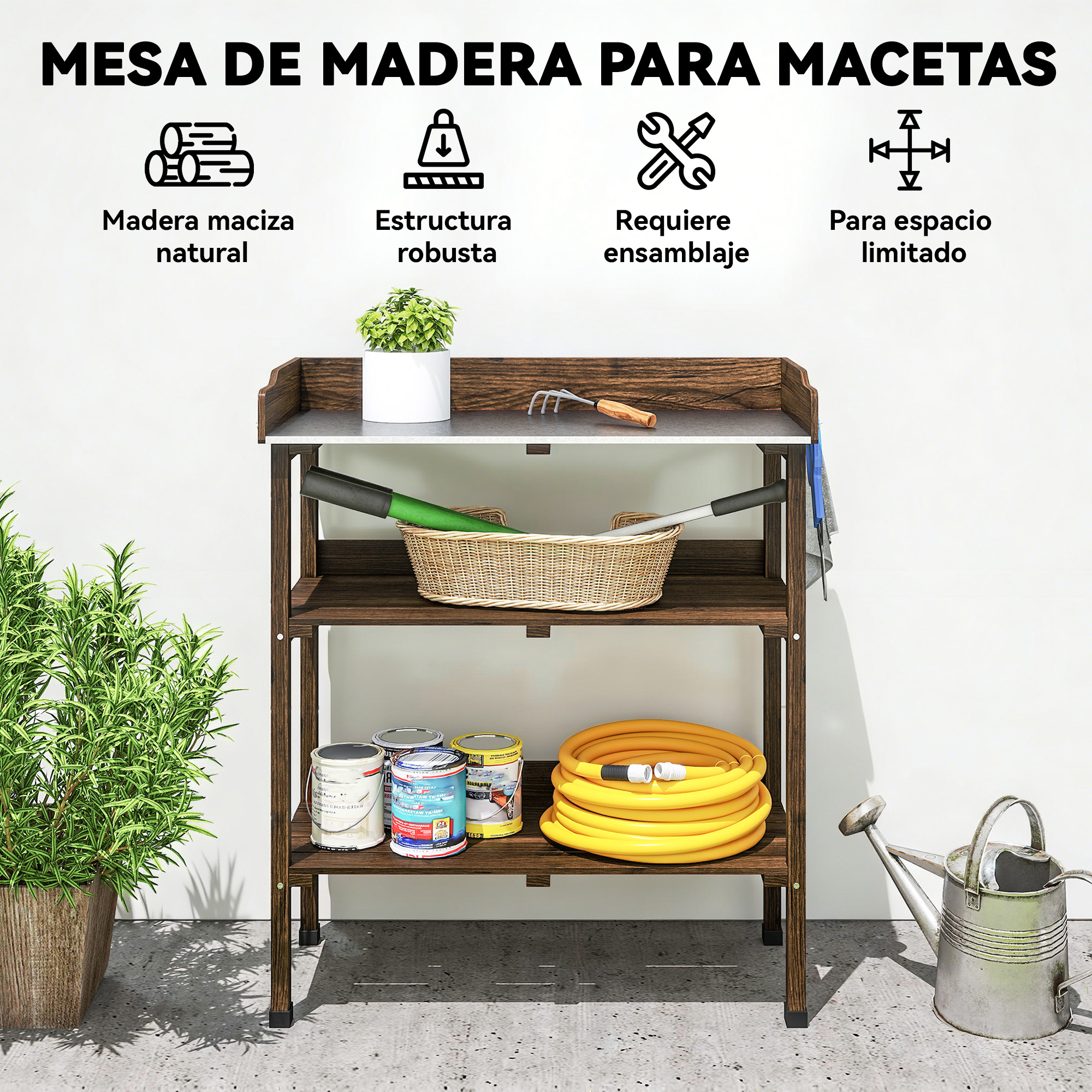 Mesa de madera para macetas con herramientas, latas y regadera.