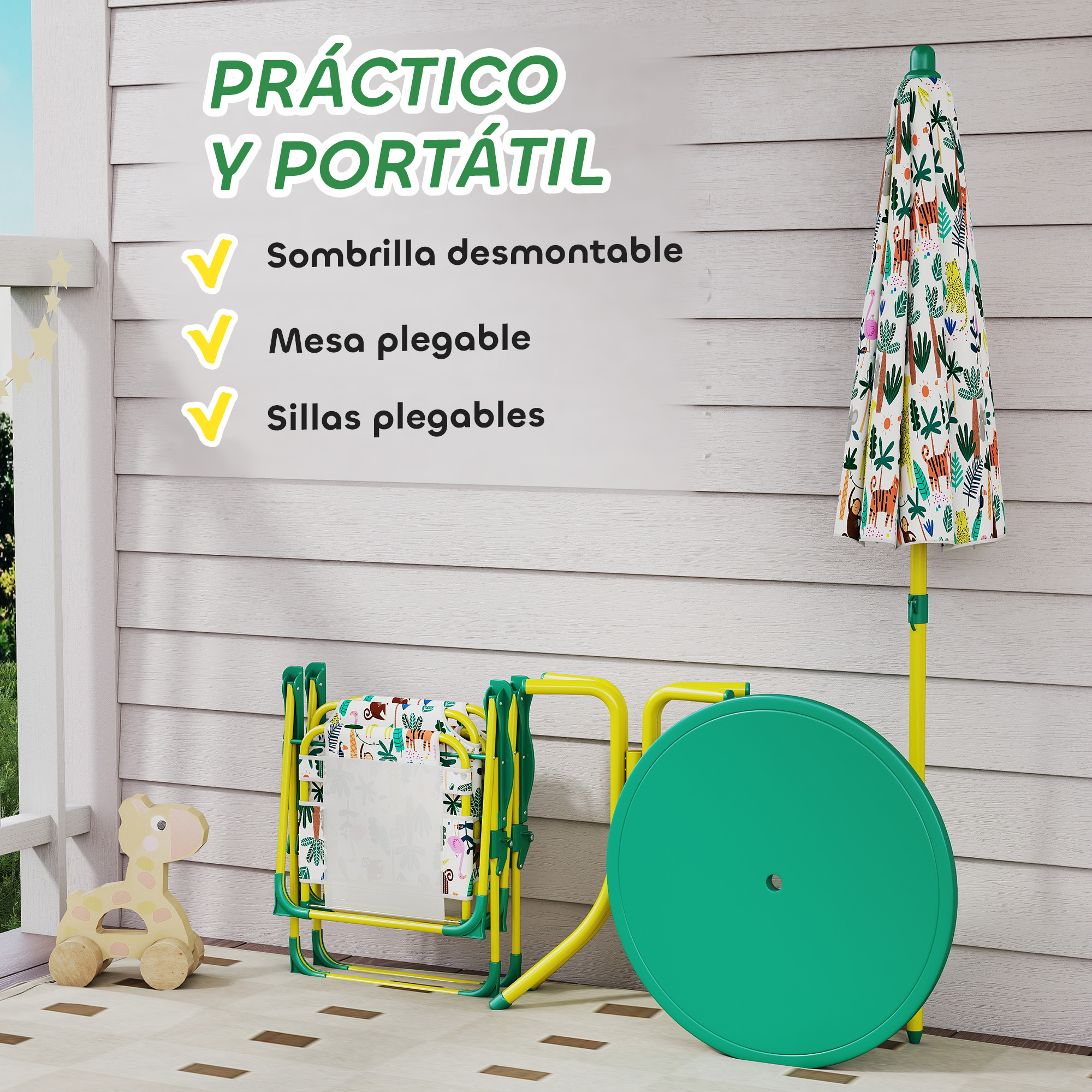 Un juego de mesa y sillas plegables amarillo y verde con estampado de jungla está en un patio.