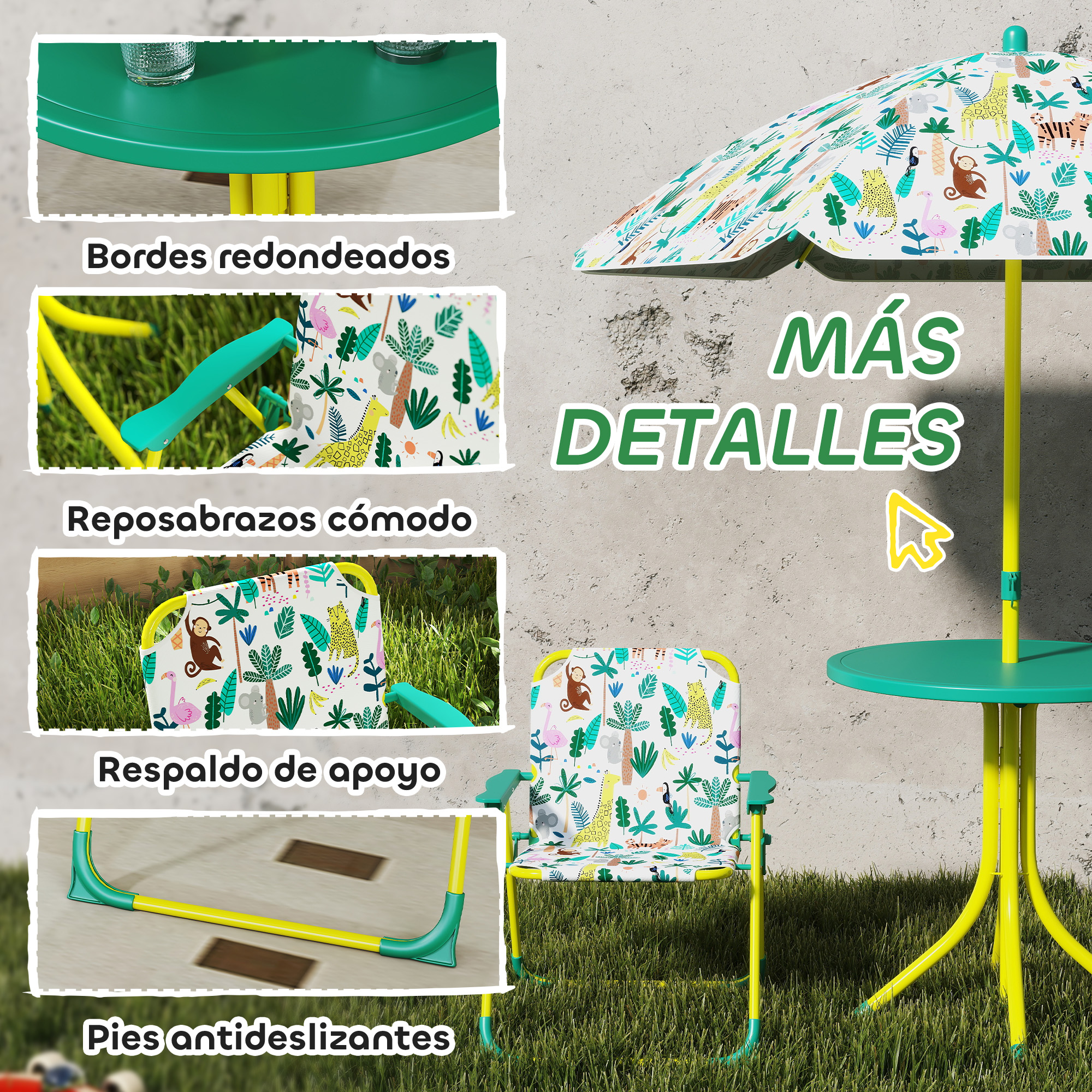 Mesa y silla de jardín verdes con estampado de animales de la selva.