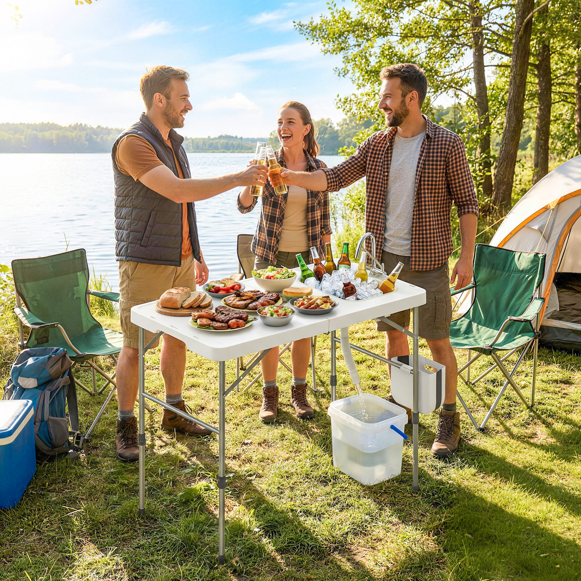 Tres amigos brindan con cerveza junto a un lago. Un camping con tienda y mesa llena de comida.
