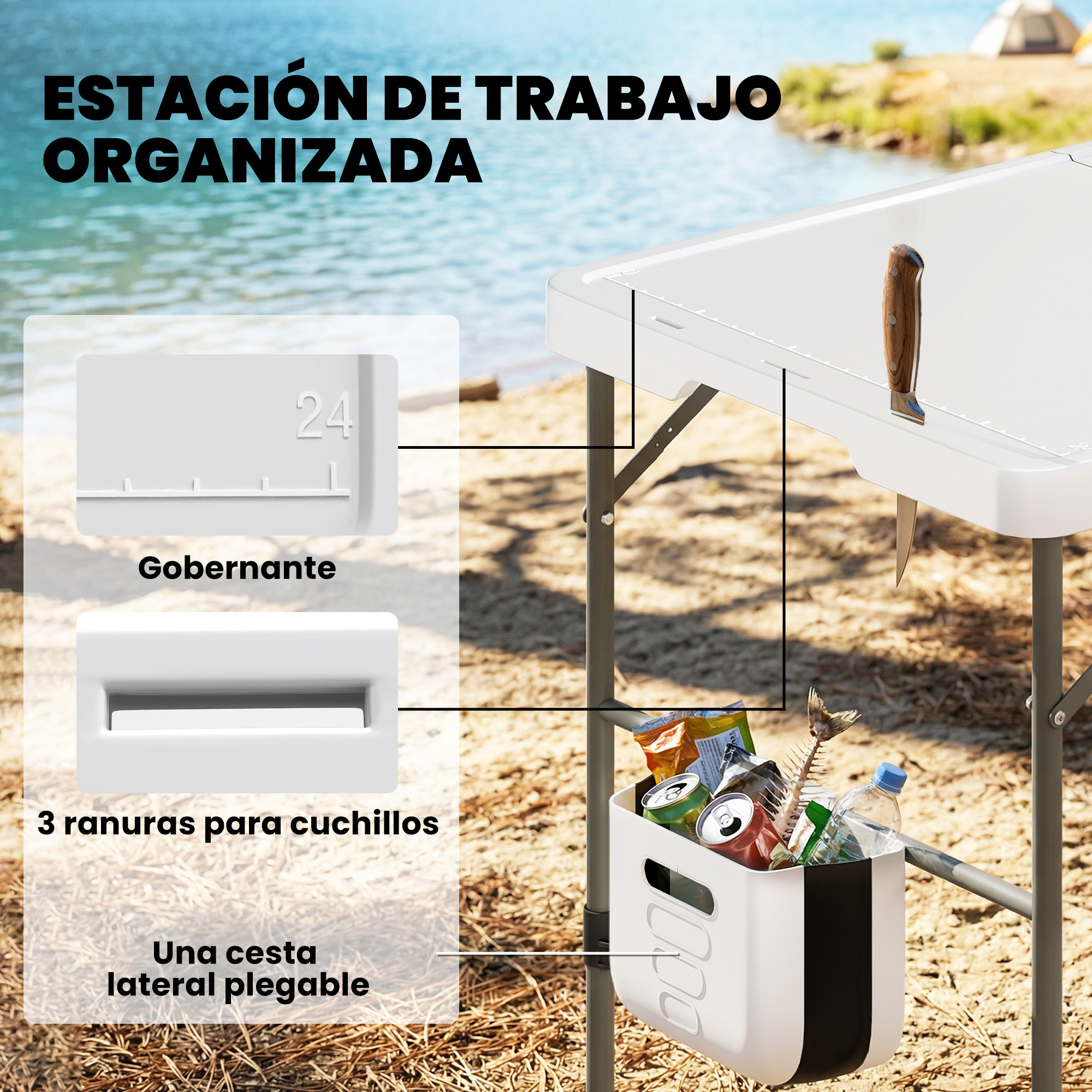 Una mesa plegable blanca junto al agua con regla, ranuras para cuchillos y cesta.