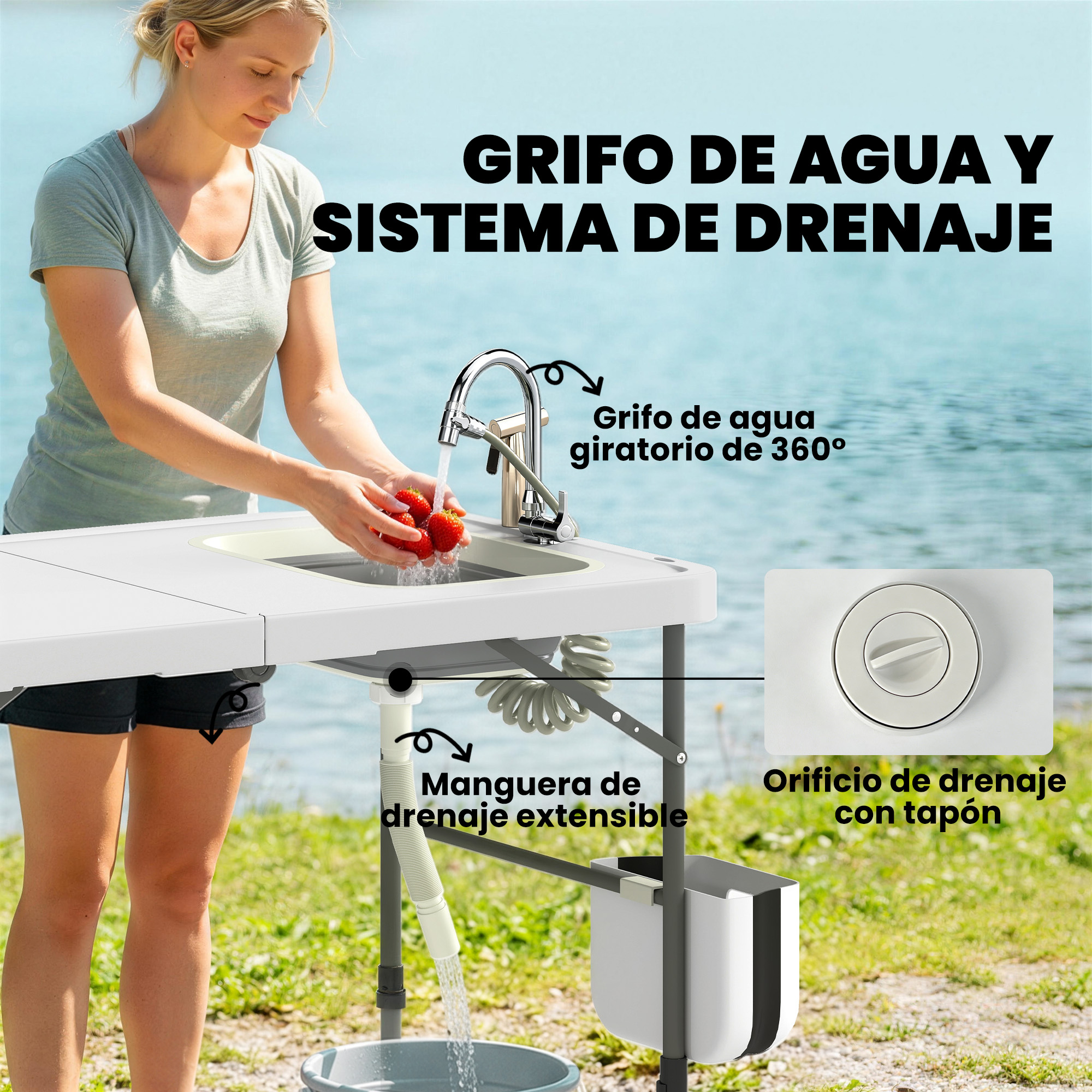Mujer lavando fresas bajo un grifo con sistema de drenaje, al aire libre.