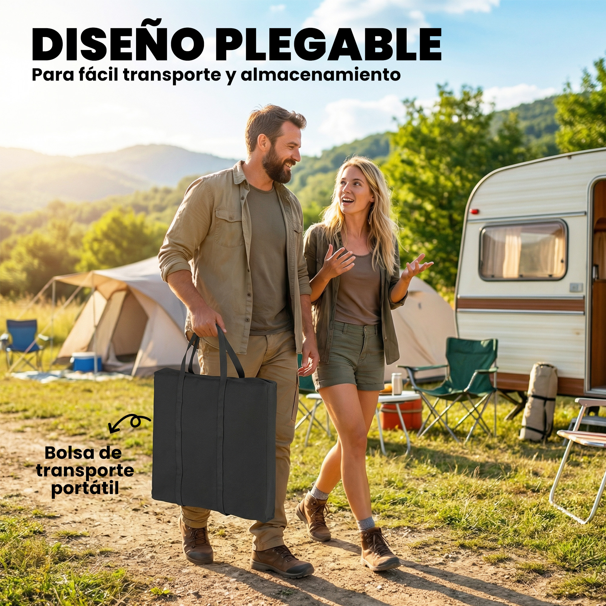Hombre y mujer caminan en camping, hombre lleva bolsa negra. Caravana y tienda de campaña atrás.