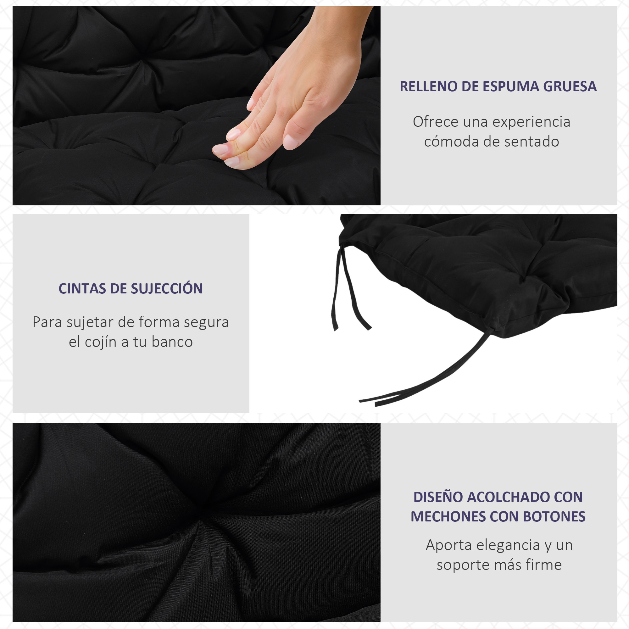 Cojín negro con costuras gruesas, cintas y superficie acolchada.