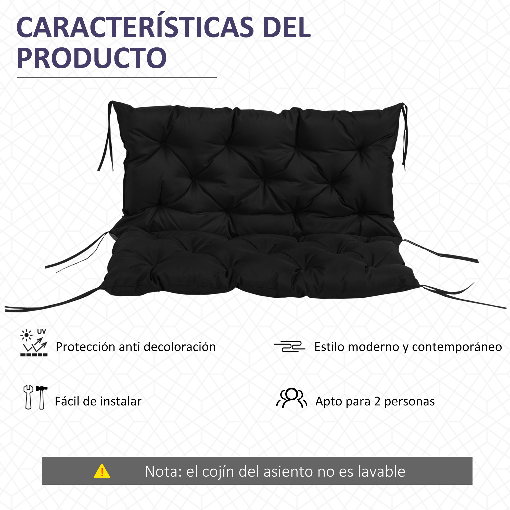 Cojín negro acolchado con lazos, protección UV, estilo moderno, para 2 personas.
