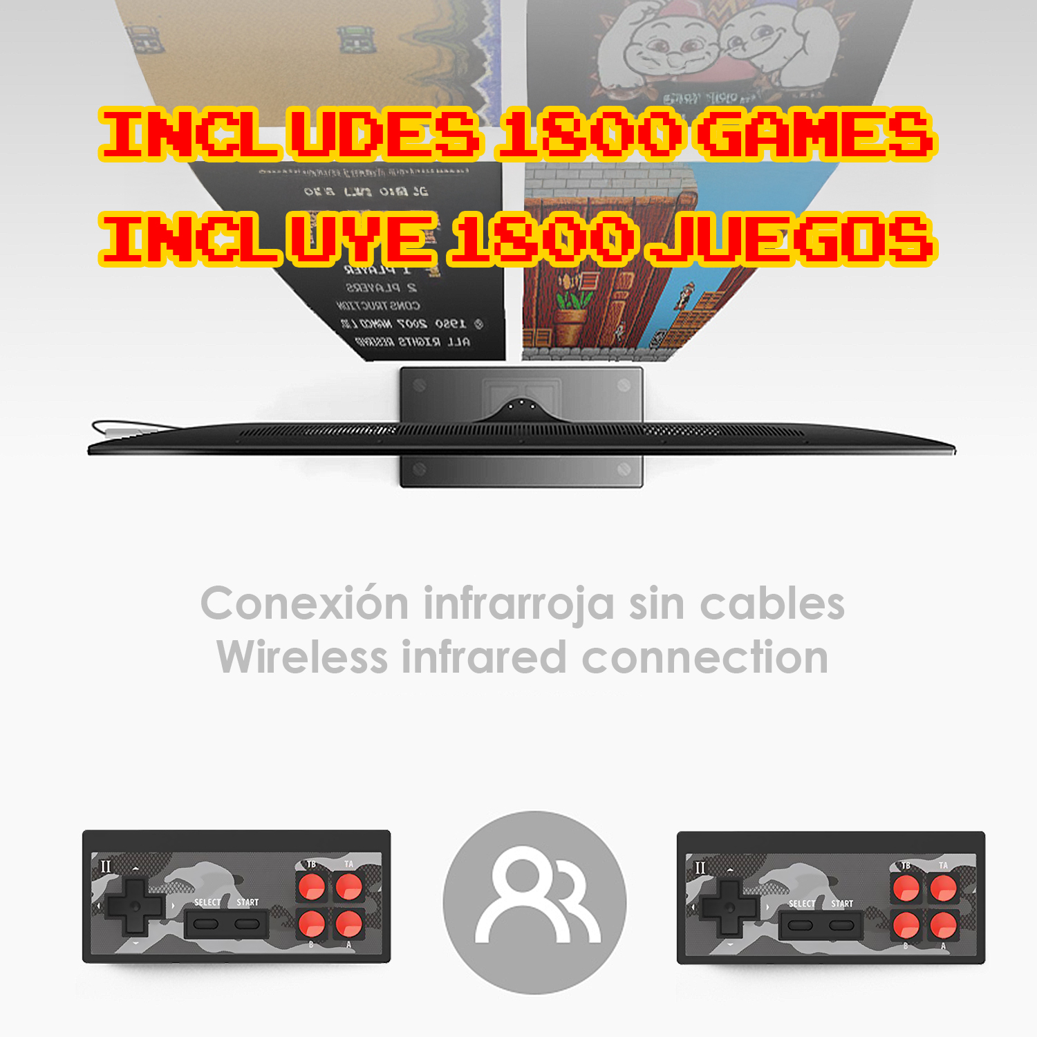 Televisor de pantalla plana con gráficos de juegos retro y dos mandos de camuflaje.