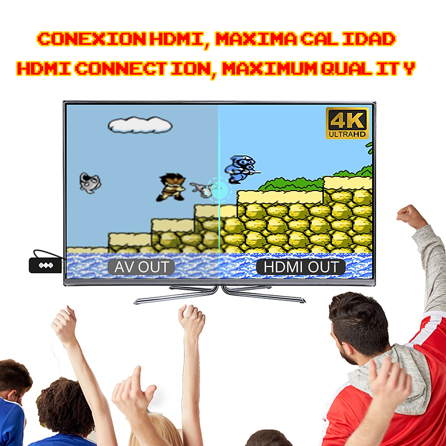 TV muestra juego retro con AV OUT y HDMI OUT. Gente mira, brazos en alto.