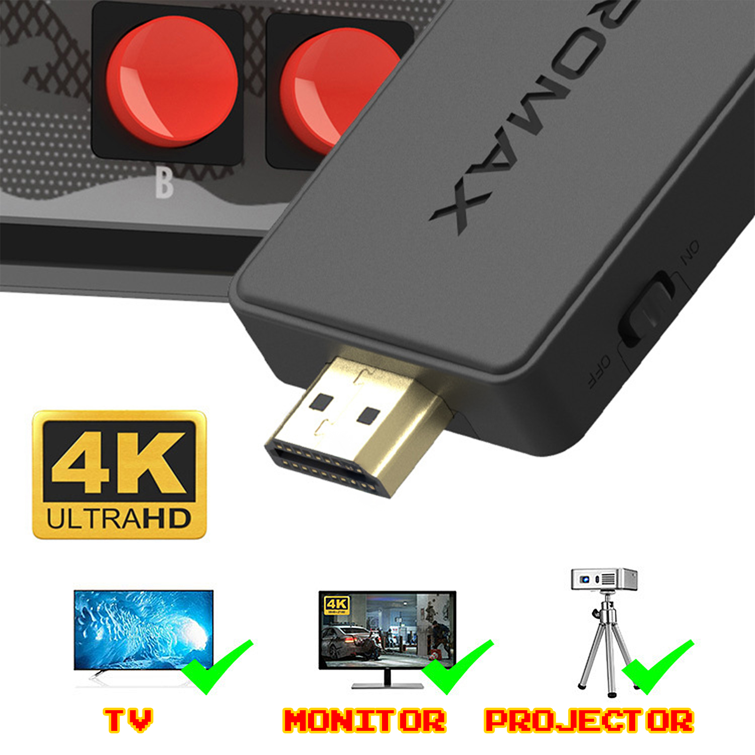 Un adaptador HDMI negro con dos botones rojos y un logo 4K Ultra HD.