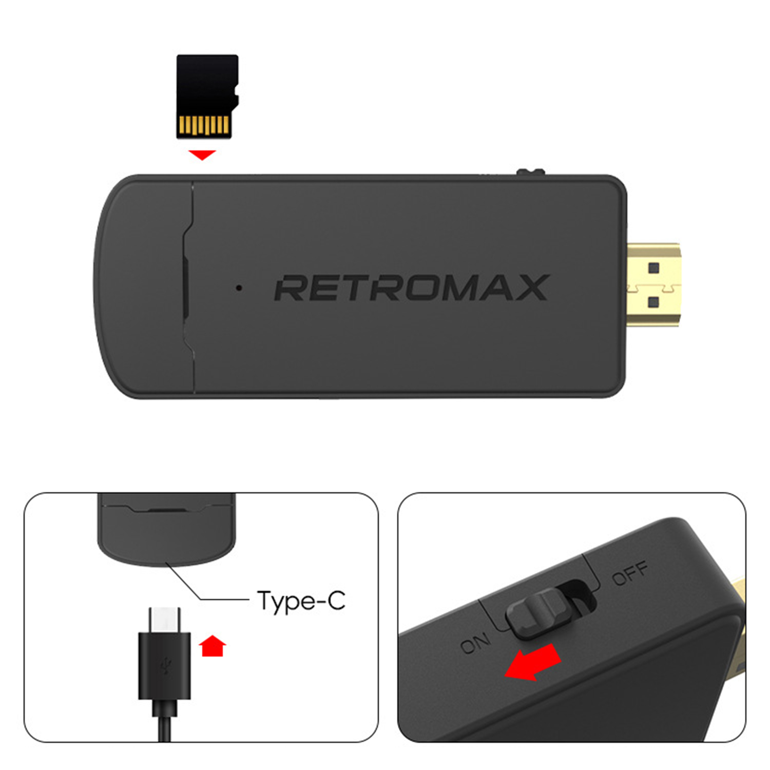 Un dongle Retromax negro con tarjeta SD, puerto USB-C y interruptor de encendido/apagado.