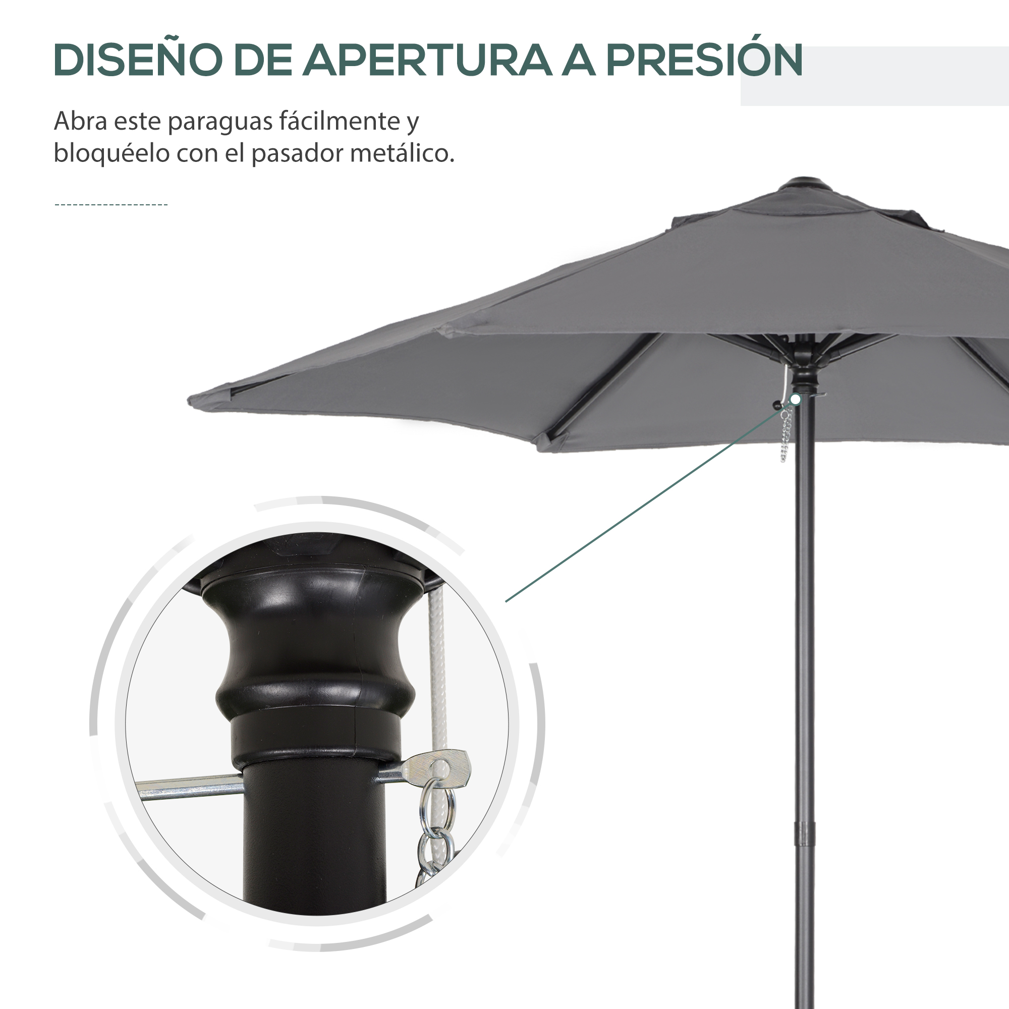 Sombrilla gris con cadena plateada y mecanismo negro.