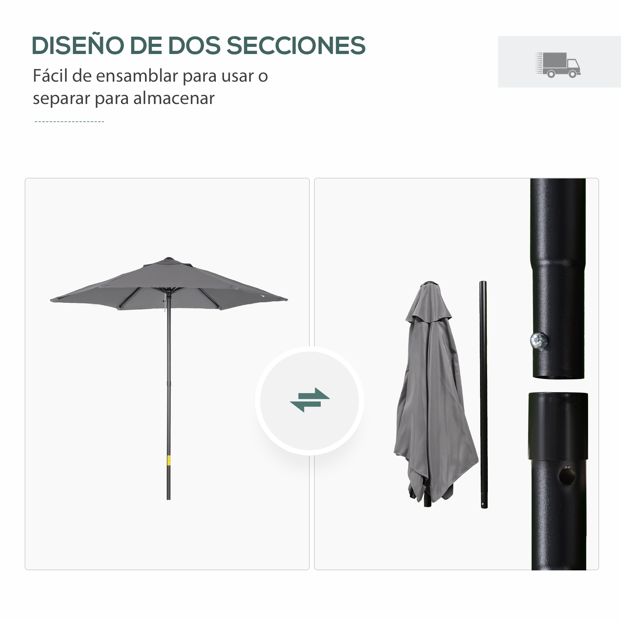 Un paraguas gris está abierto. Al lado, un paraguas plegado con poste y detalle de conexión.