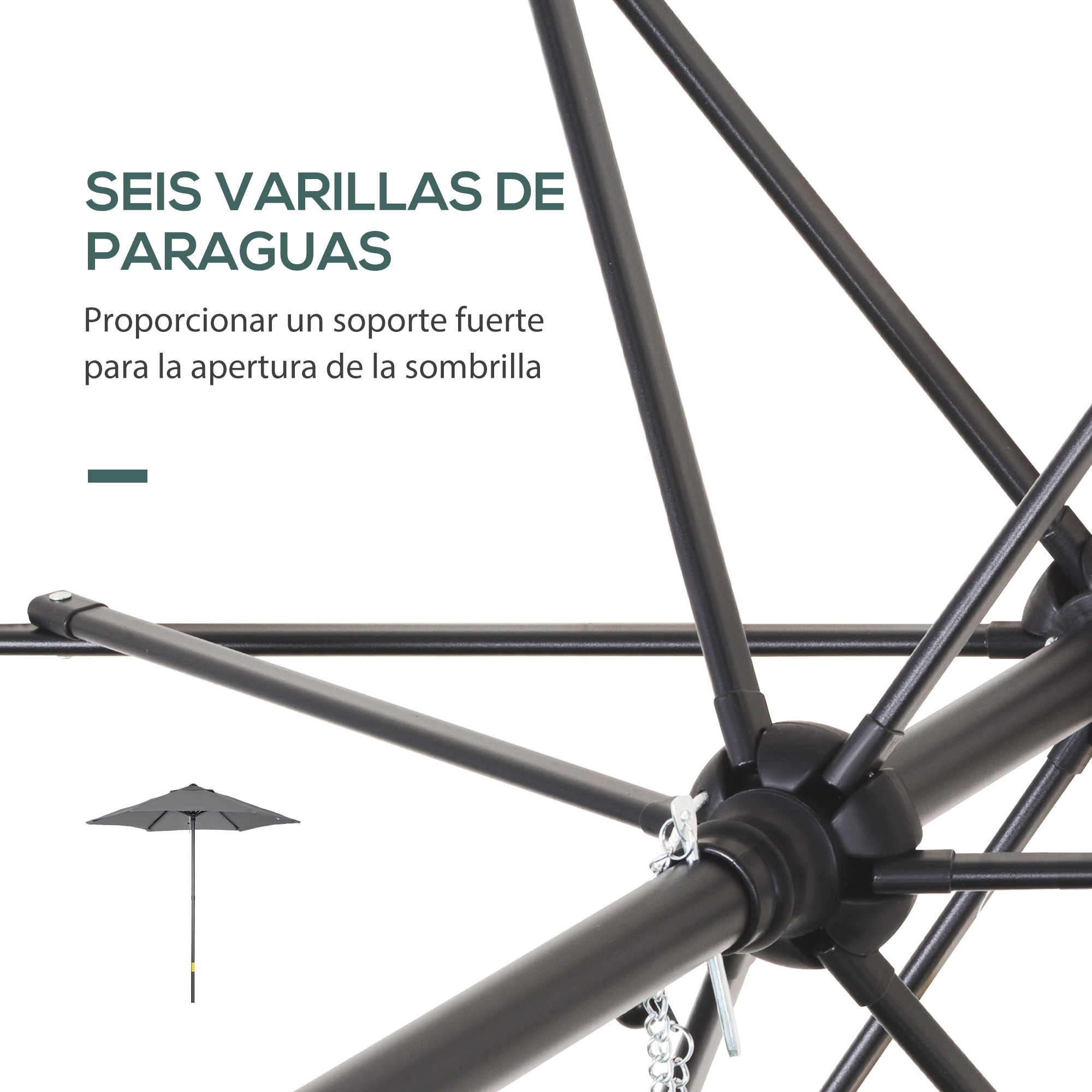 Primer plano de la estructura negra de paraguas con un paraguas pequeño cerrado al fondo.