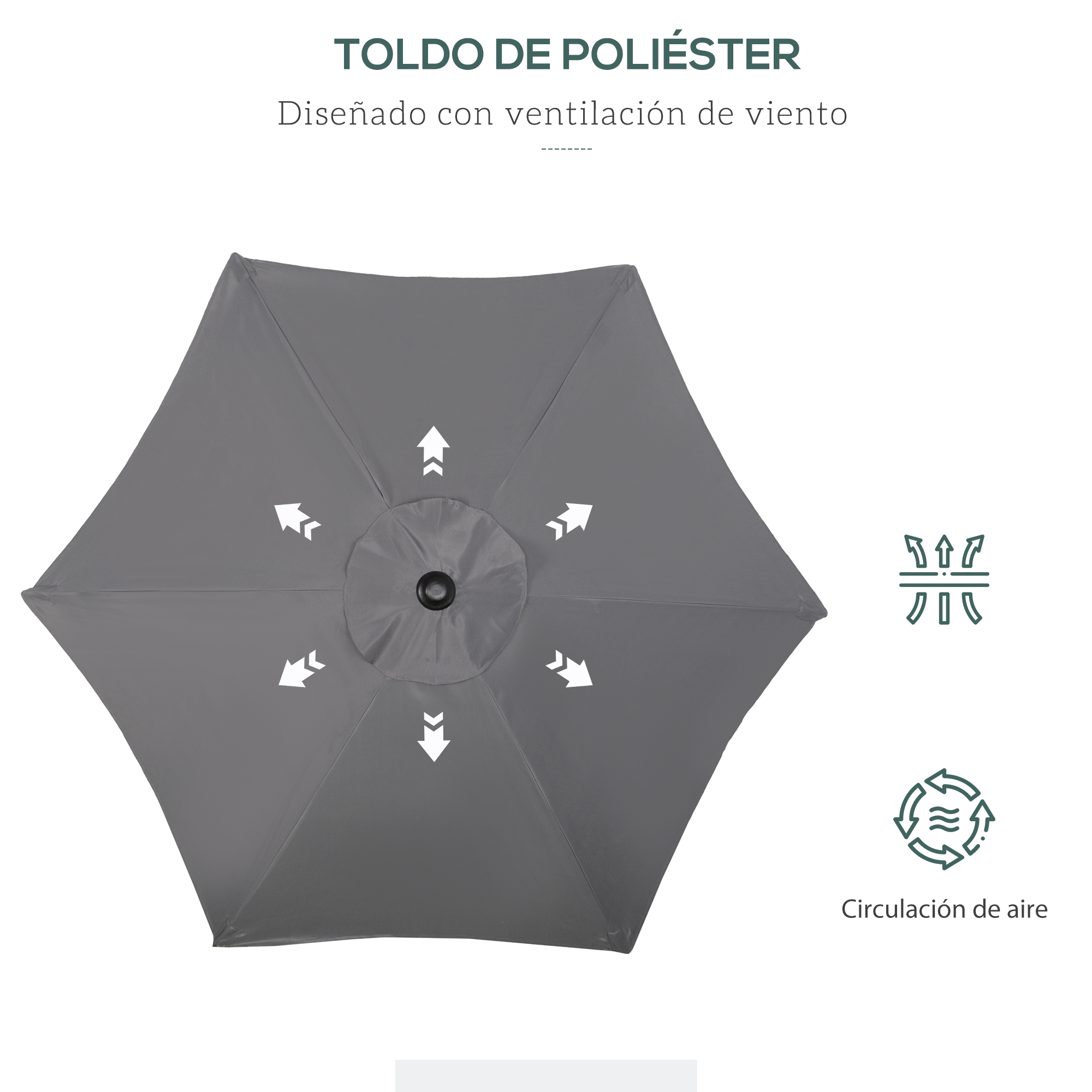 Sombrilla gris con flechas blancas indicando ventilación de viento.