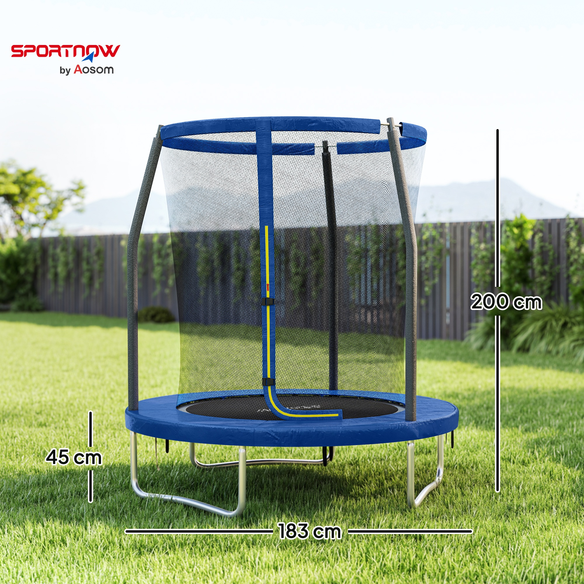 Un trampolín azul con red está en un césped verde, se muestran las dimensiones.