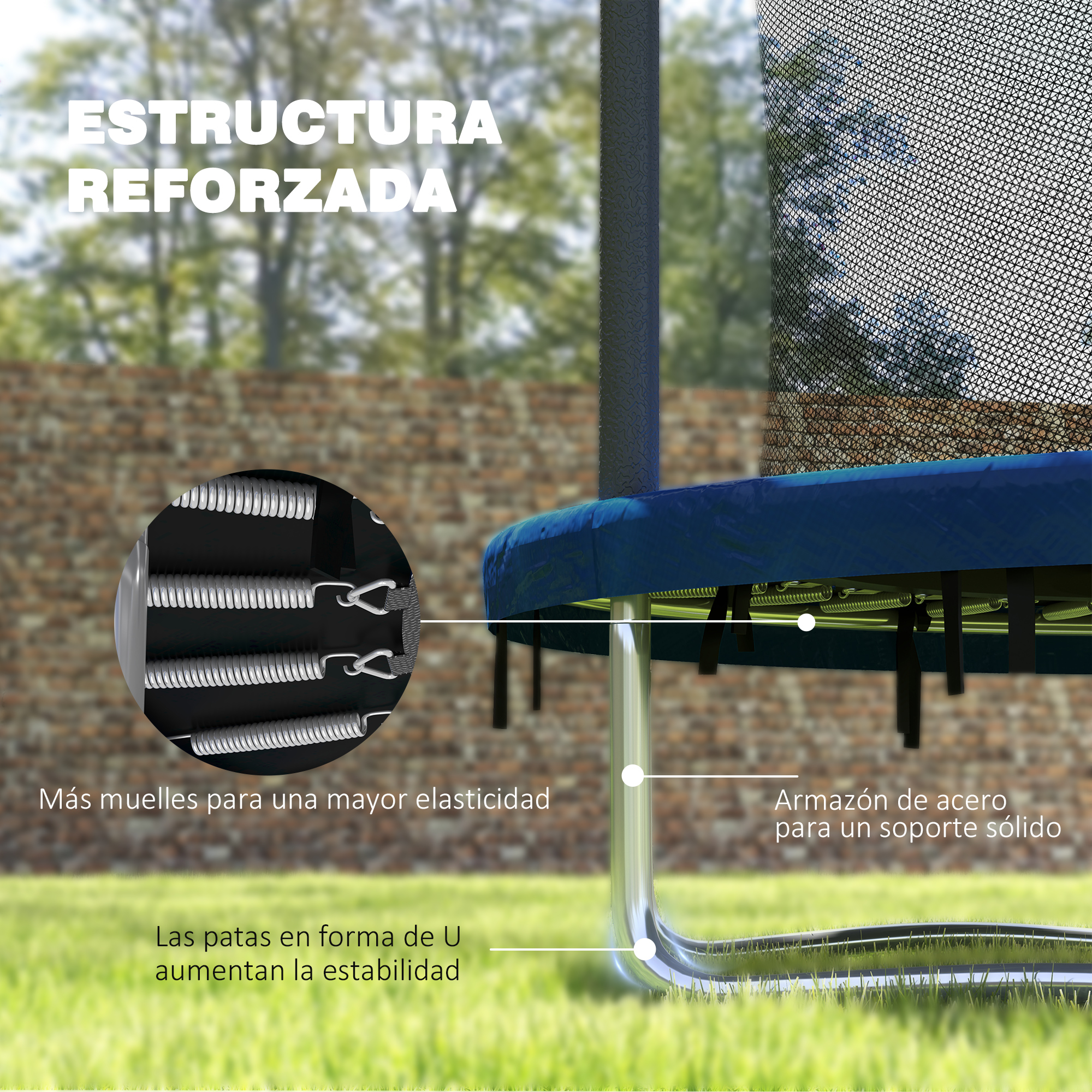 Cama elástica con estructura reforzada, marco de acero, resortes y patas en U.