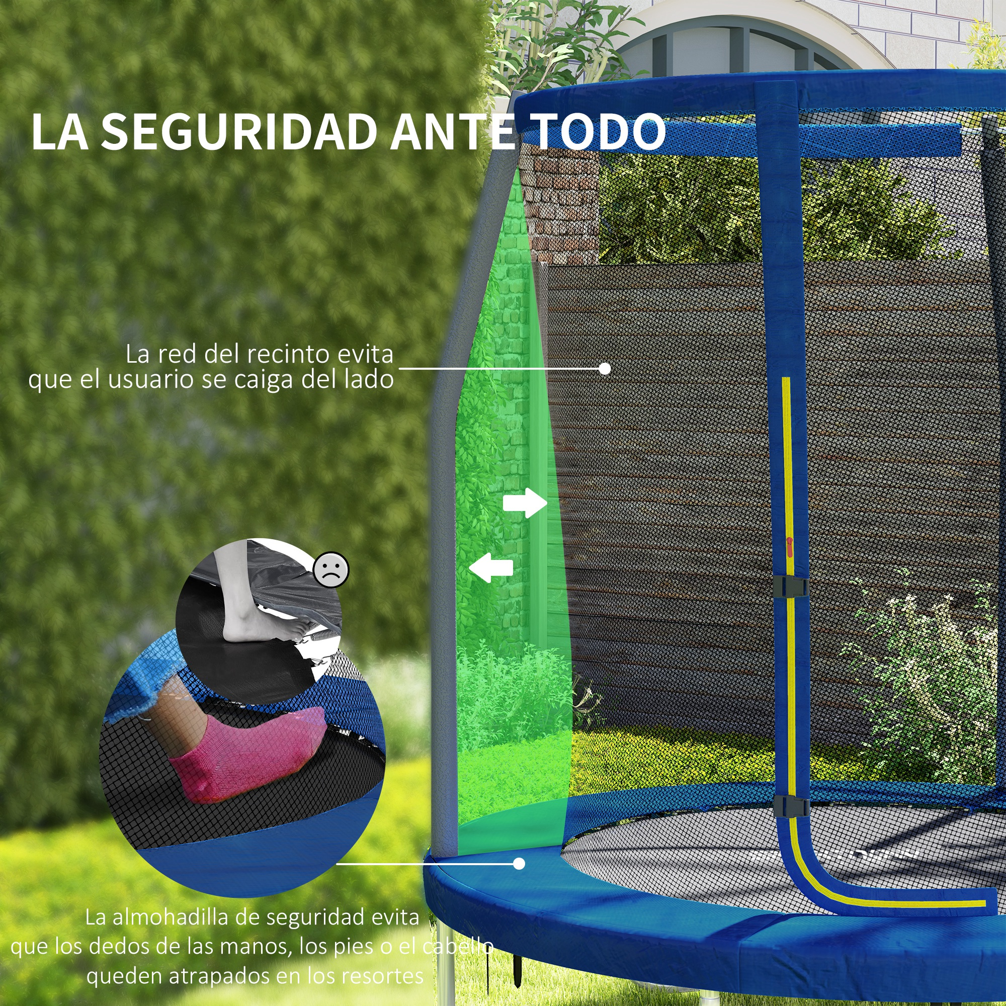 Trampolín con red de seguridad y acolchado para prevenir lesiones.