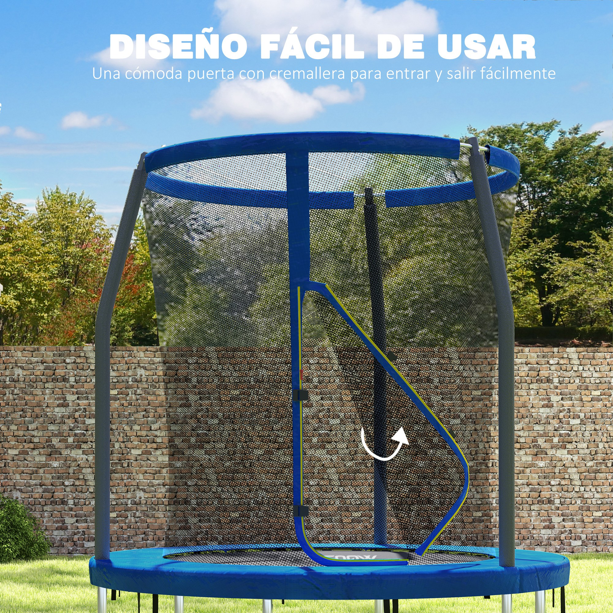 Un trampolín azul con red de seguridad y puerta con cremallera.