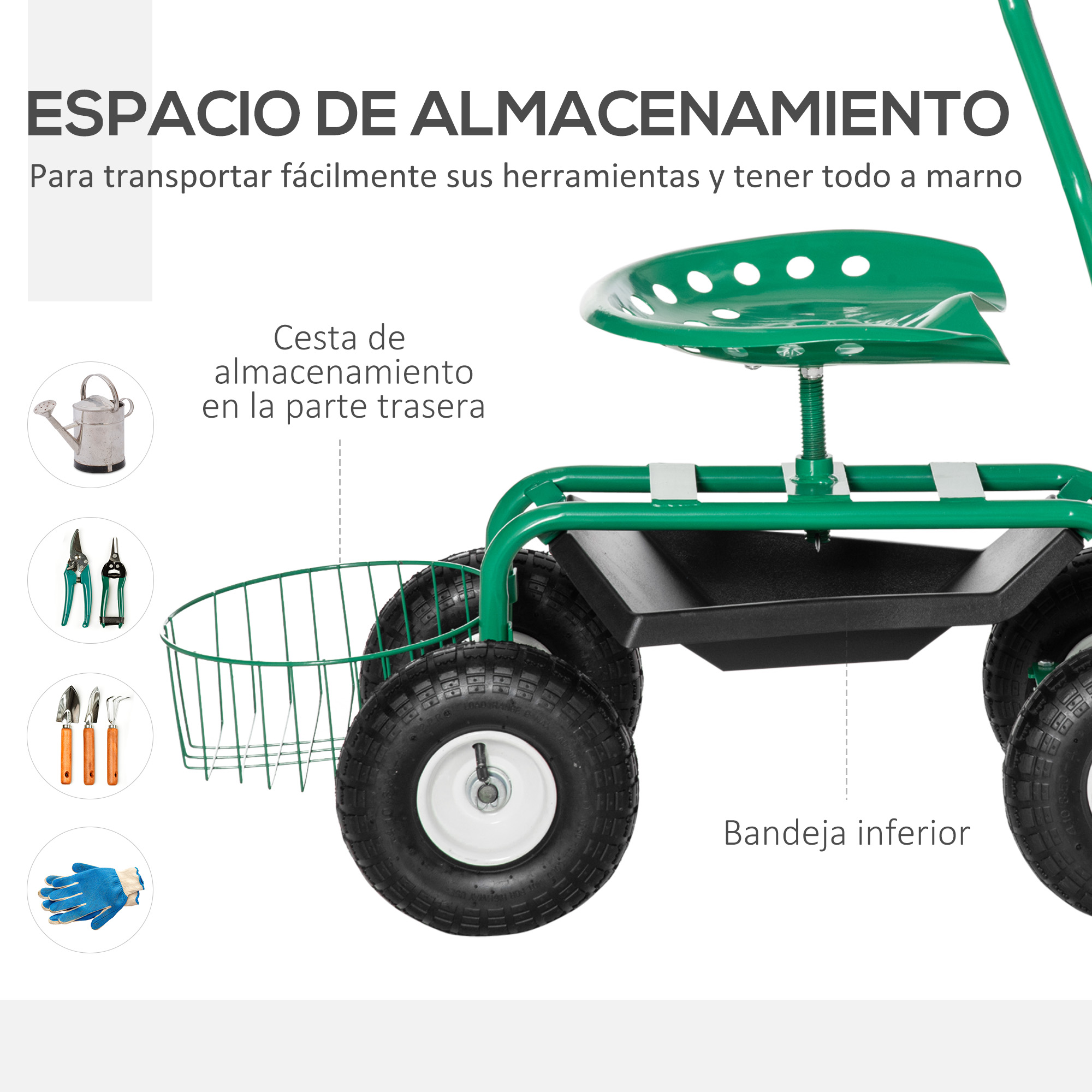 Carro de jardín verde con cesta y bandeja de almacenamiento.