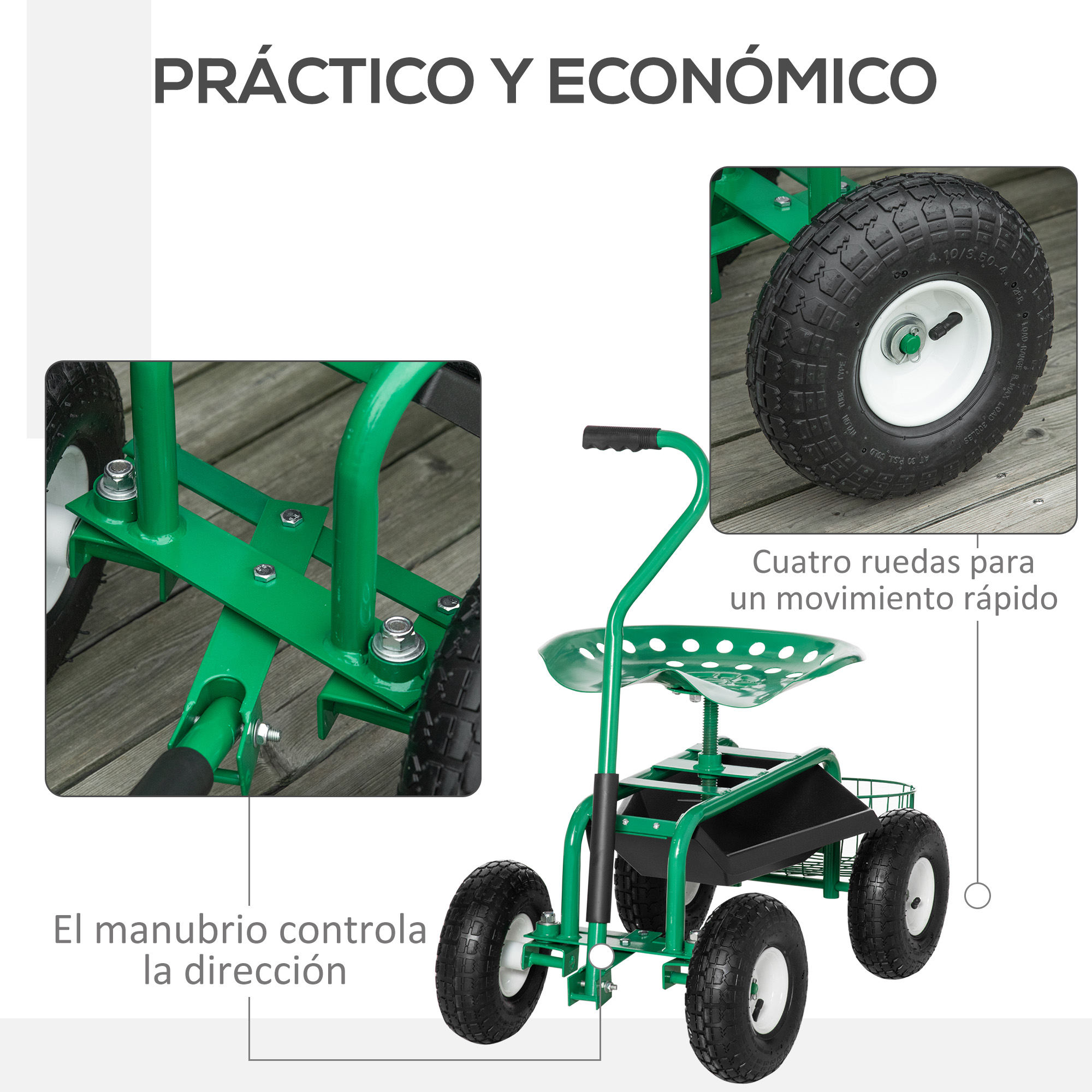 Asiento de jardín verde con cuatro ruedas, manillar y cesta.