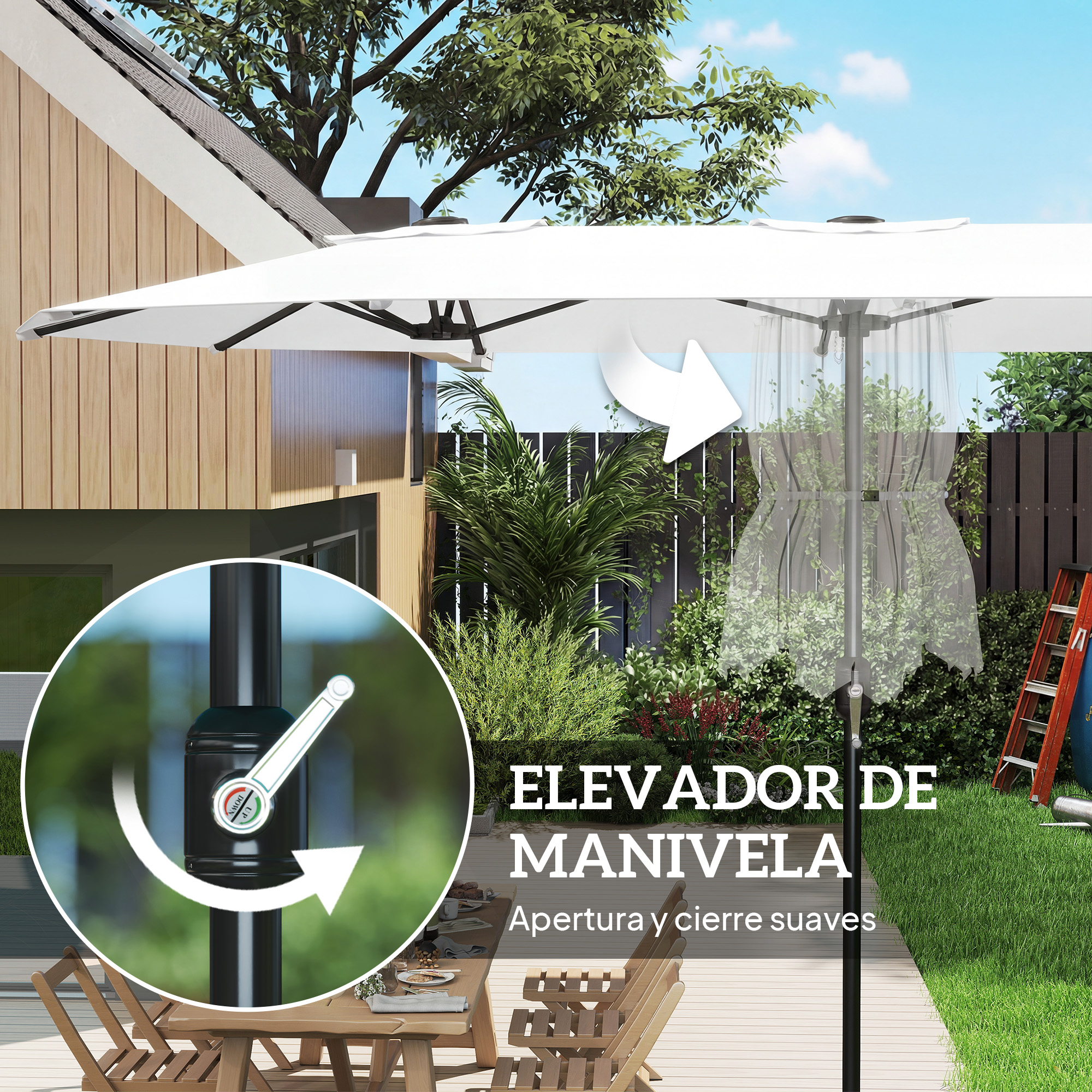 Un parasol blanco con mecanismo de manivela, junto a una mesa de madera.