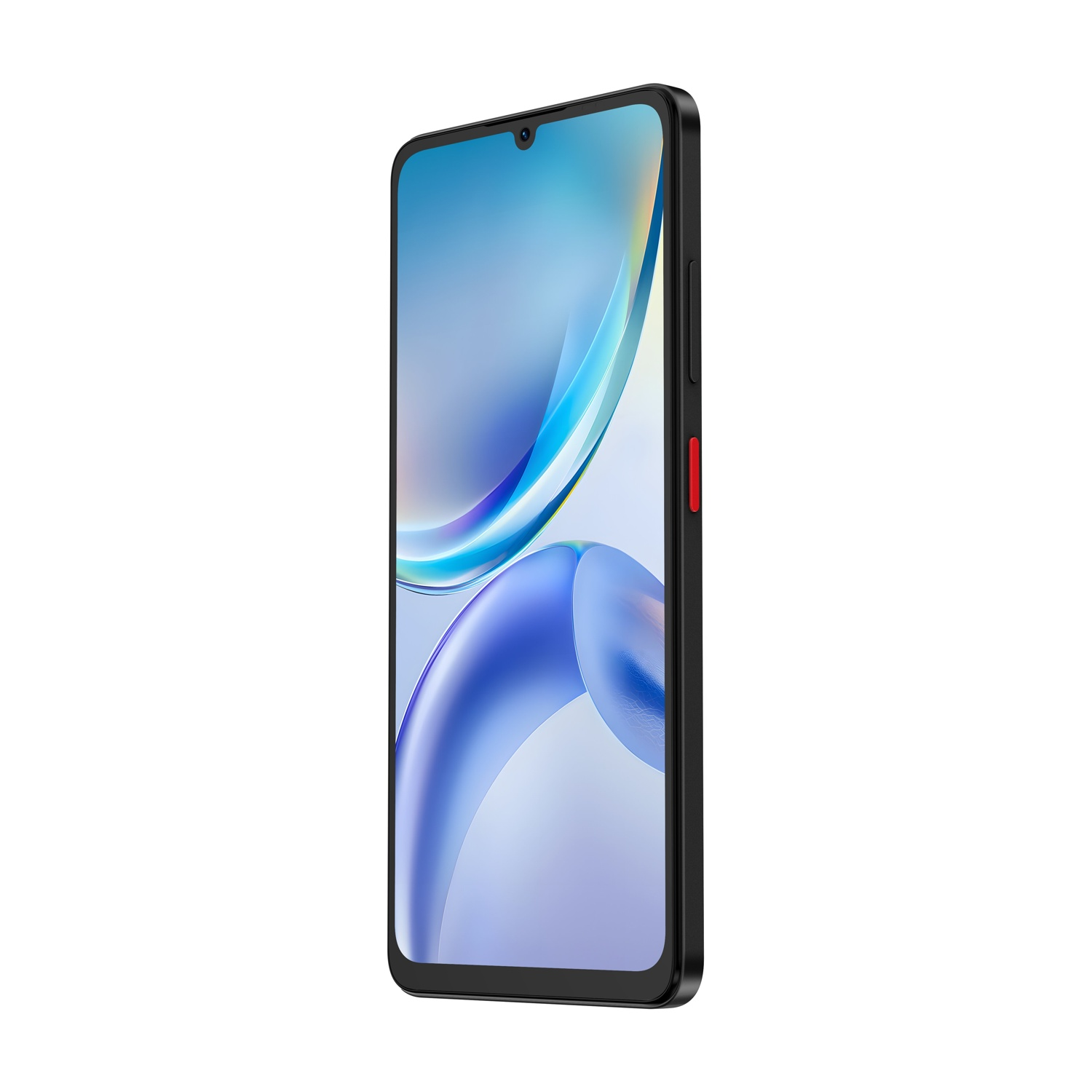 Czarny smartfon z czerwonym akcentem, pokazany na białym tle.