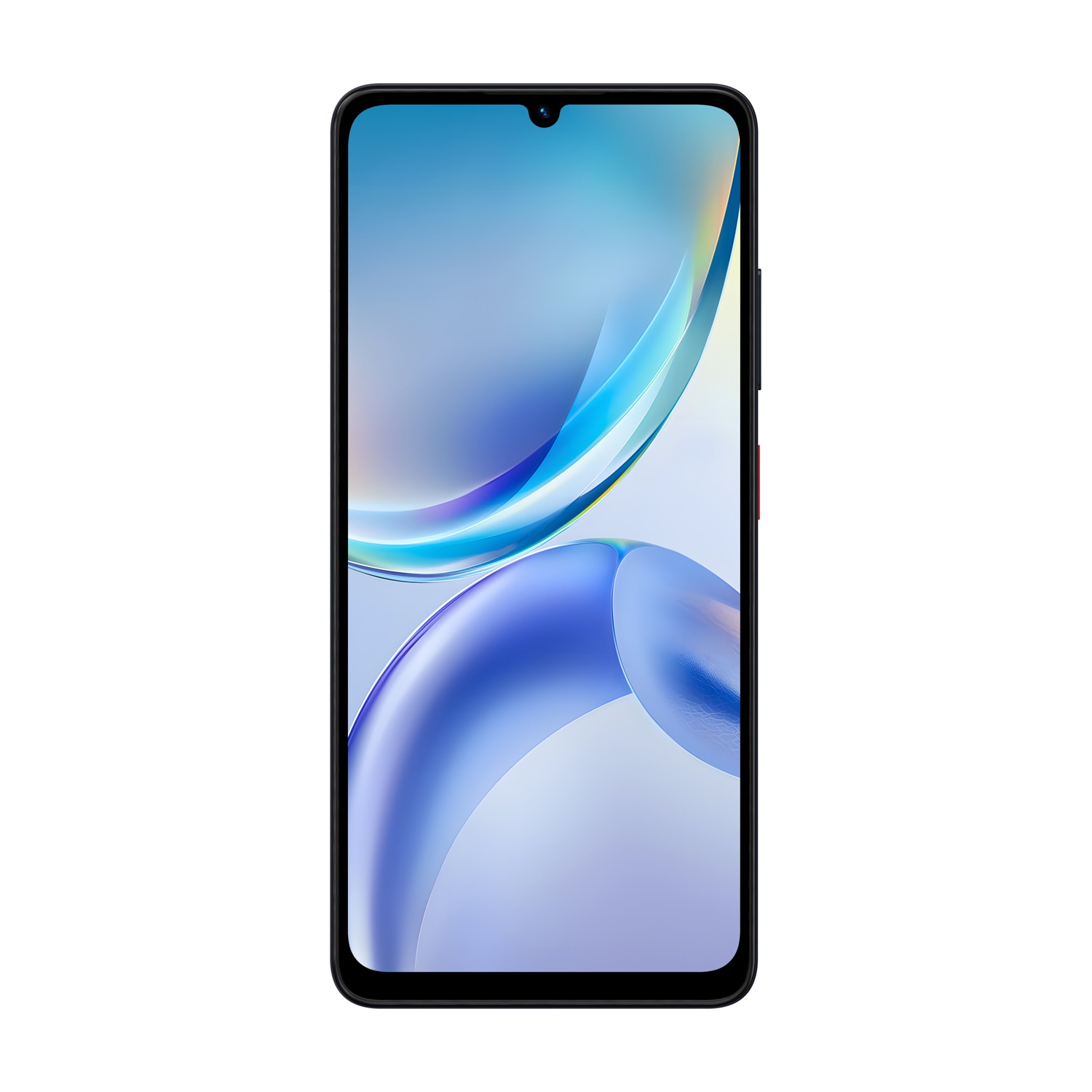 Czarny smartfon z abstrakcyjną niebiesko-białą tapetą na ekranie.