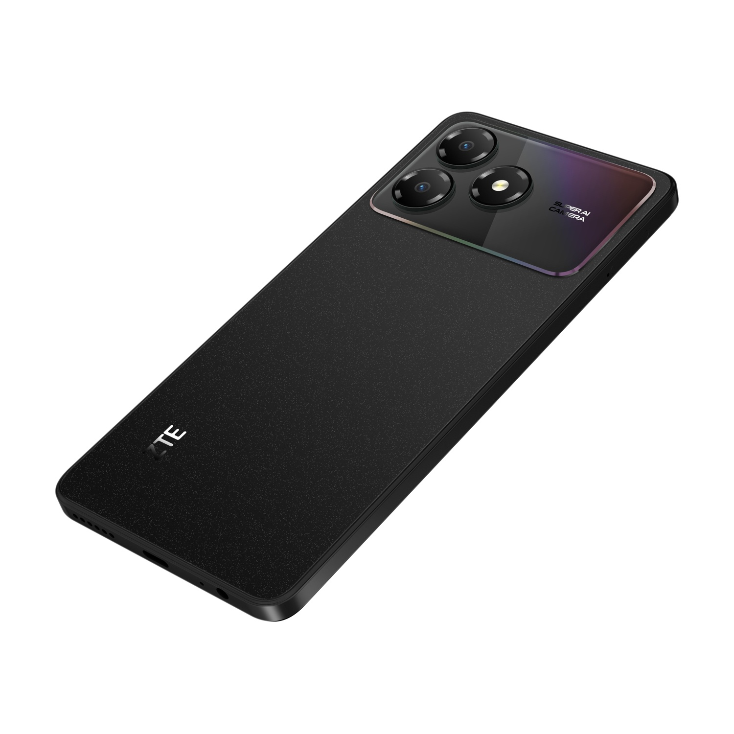 Czarny smartfon z potrójnym aparatem i logo ZTE, na białym tle.