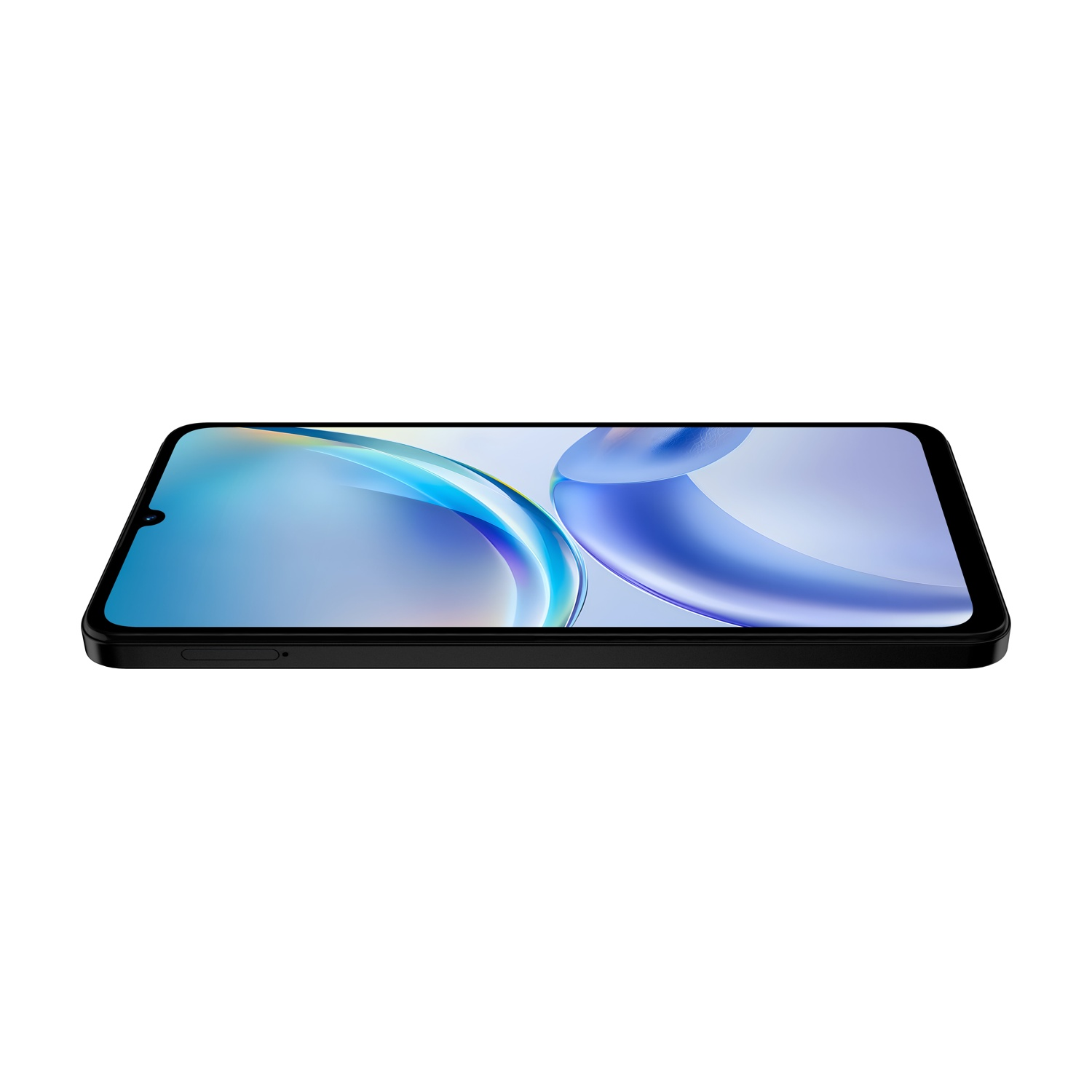 Czarny smartfon z niebiesko-białym wyświetlaczem na białym tle.