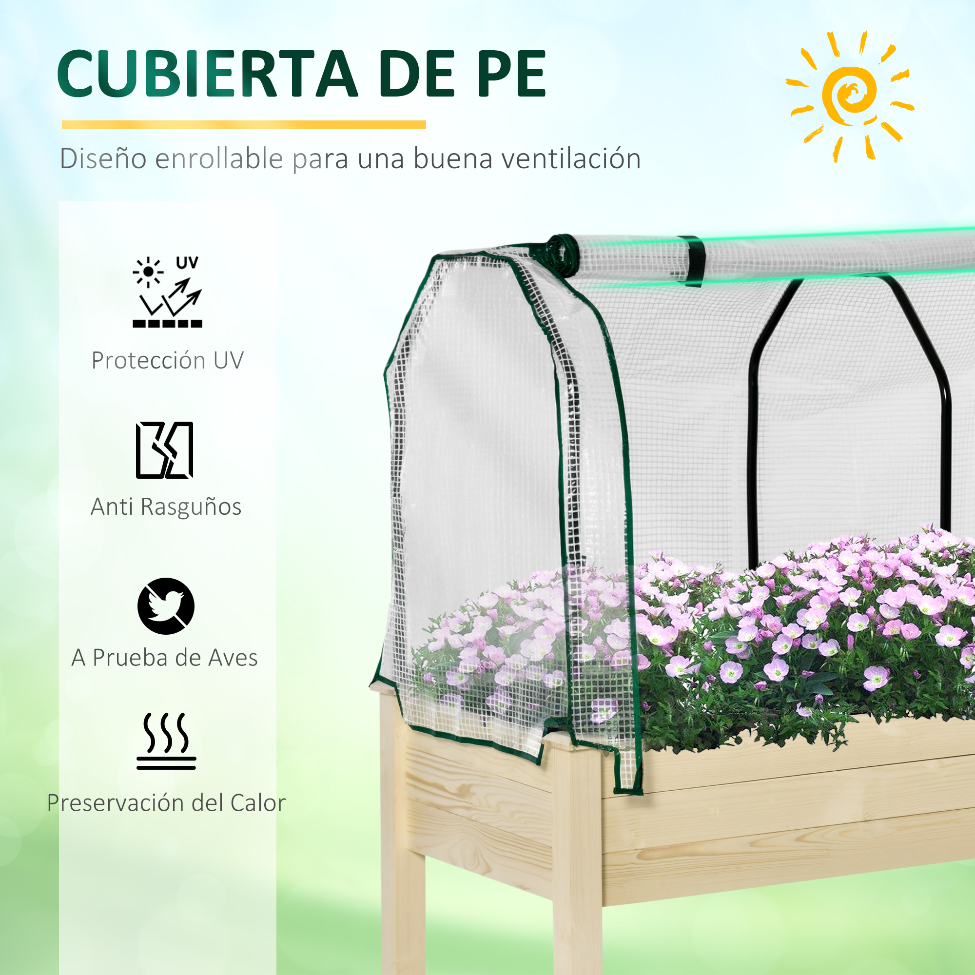 Cubierta de invernadero con flores y etiquetas.