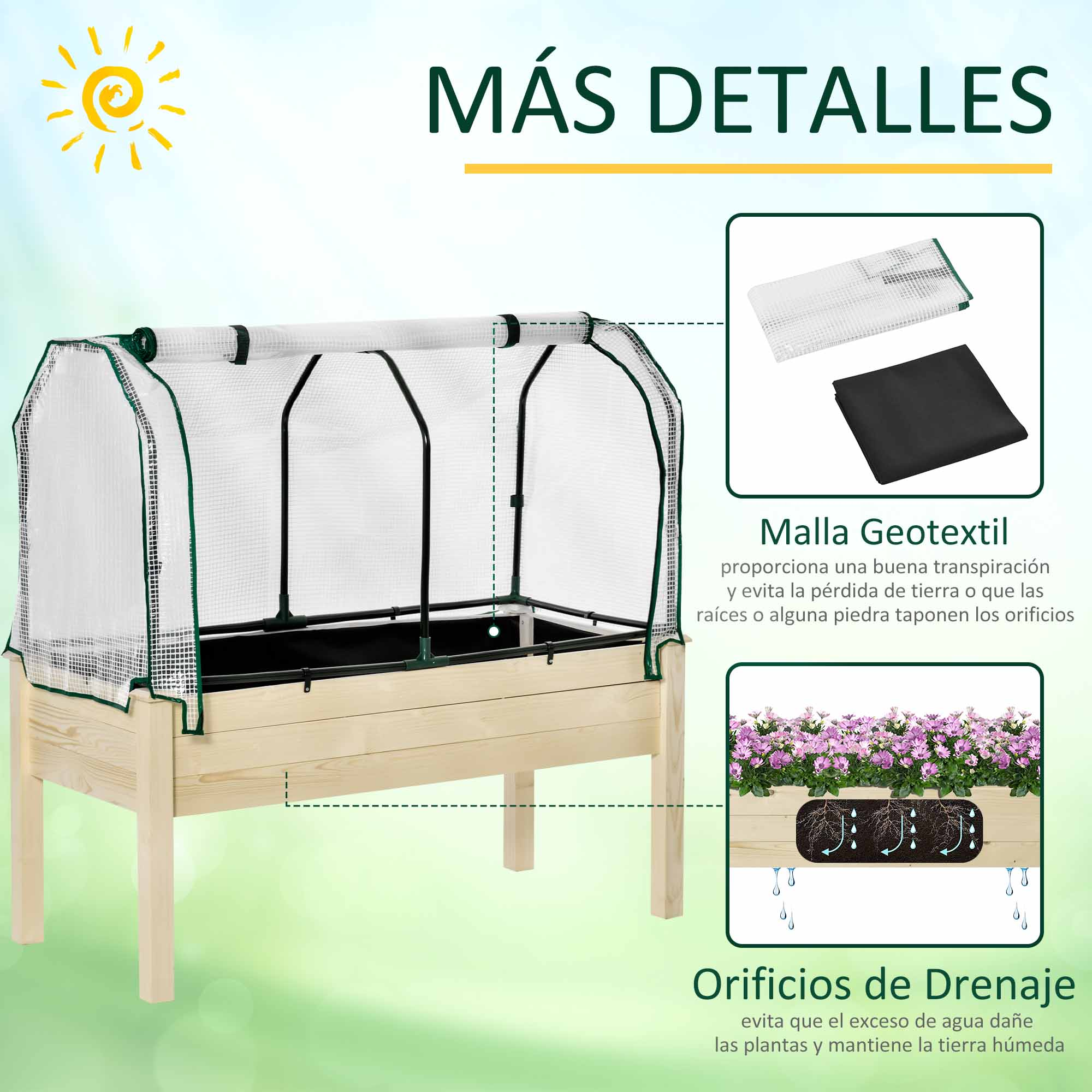 Un bancal elevado de madera con cubierta transparente y detalles.
