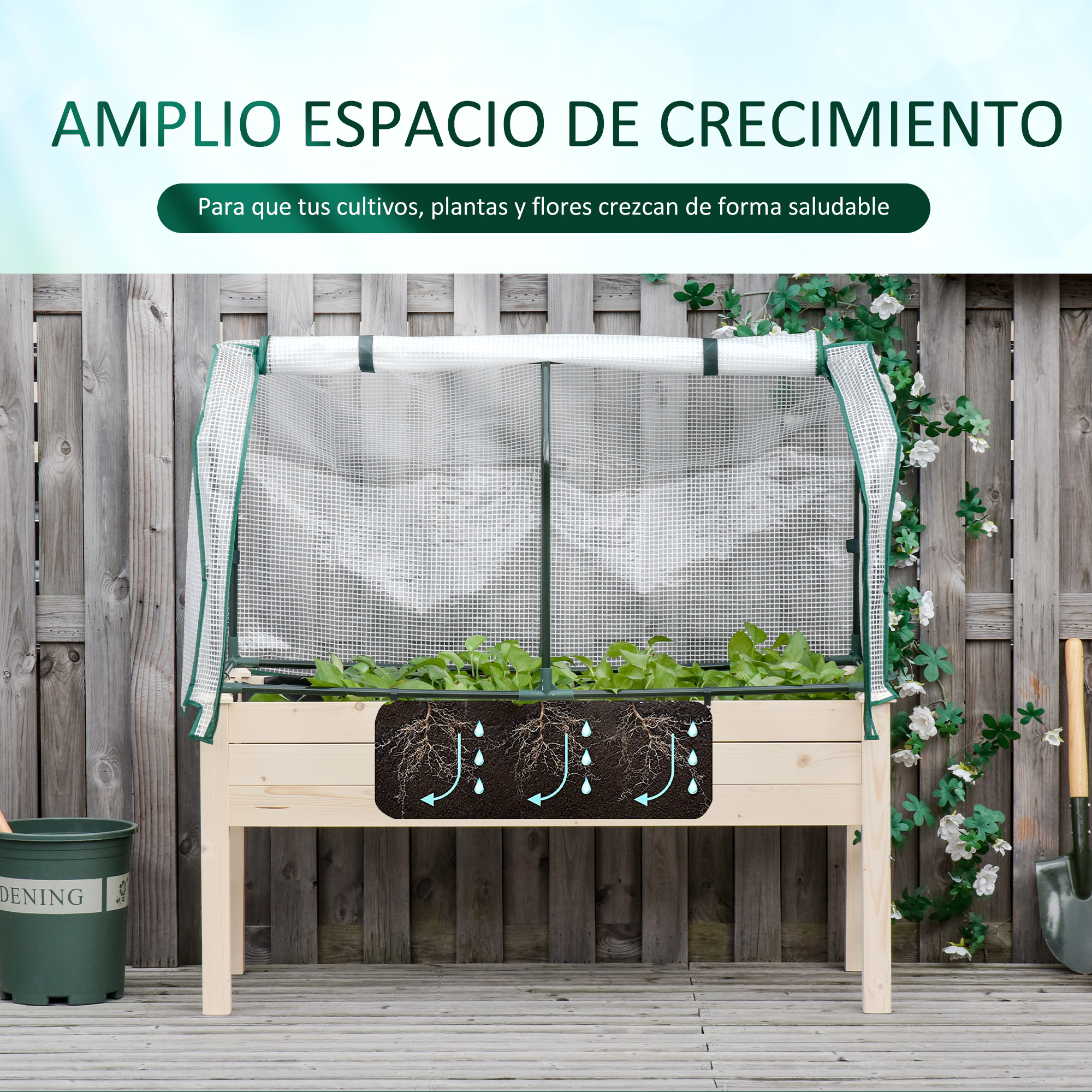 Un bancal elevado de madera con cubierta transparente y plantas jóvenes.