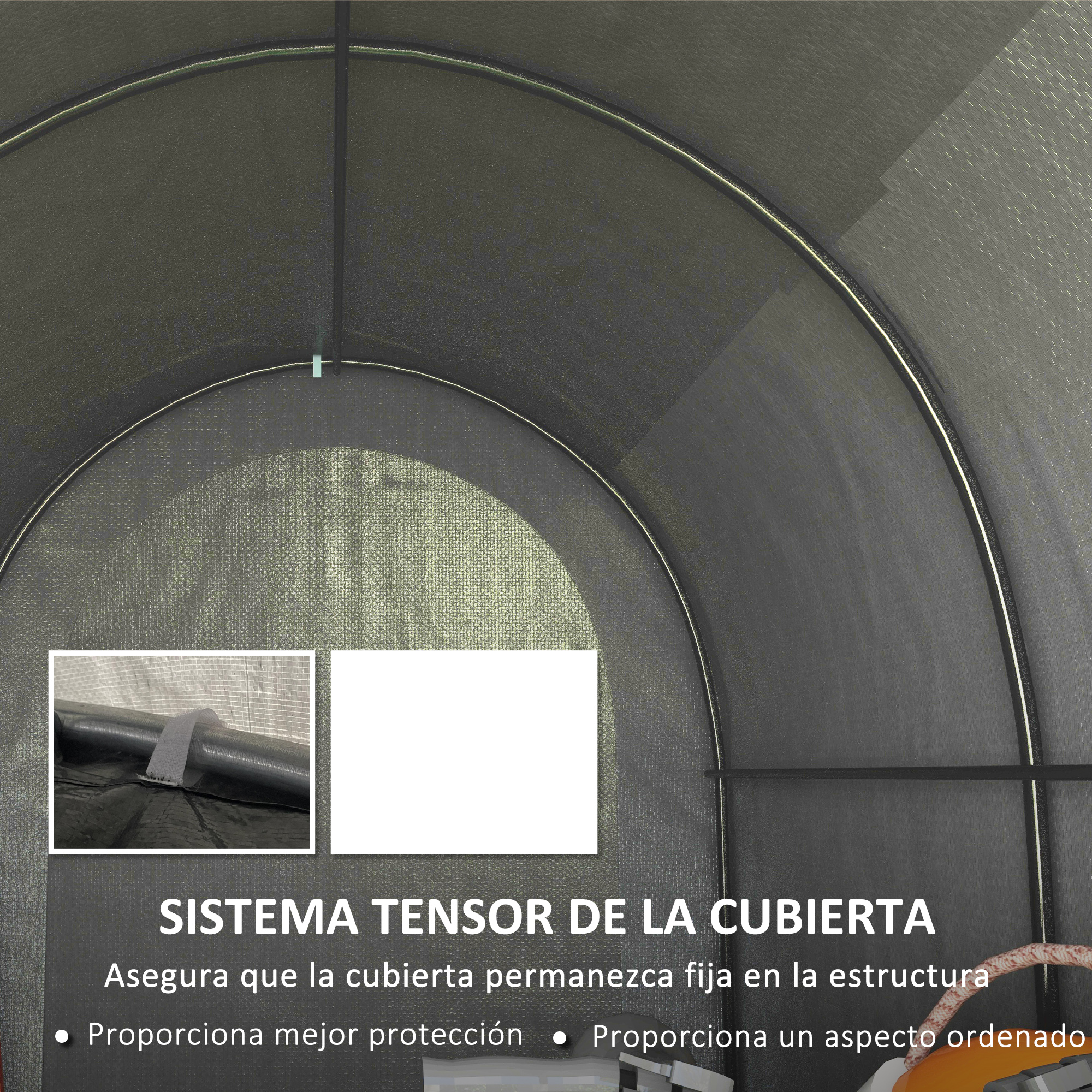 Interior de tienda gris con sistema tensor. Primer plano de lona negra.