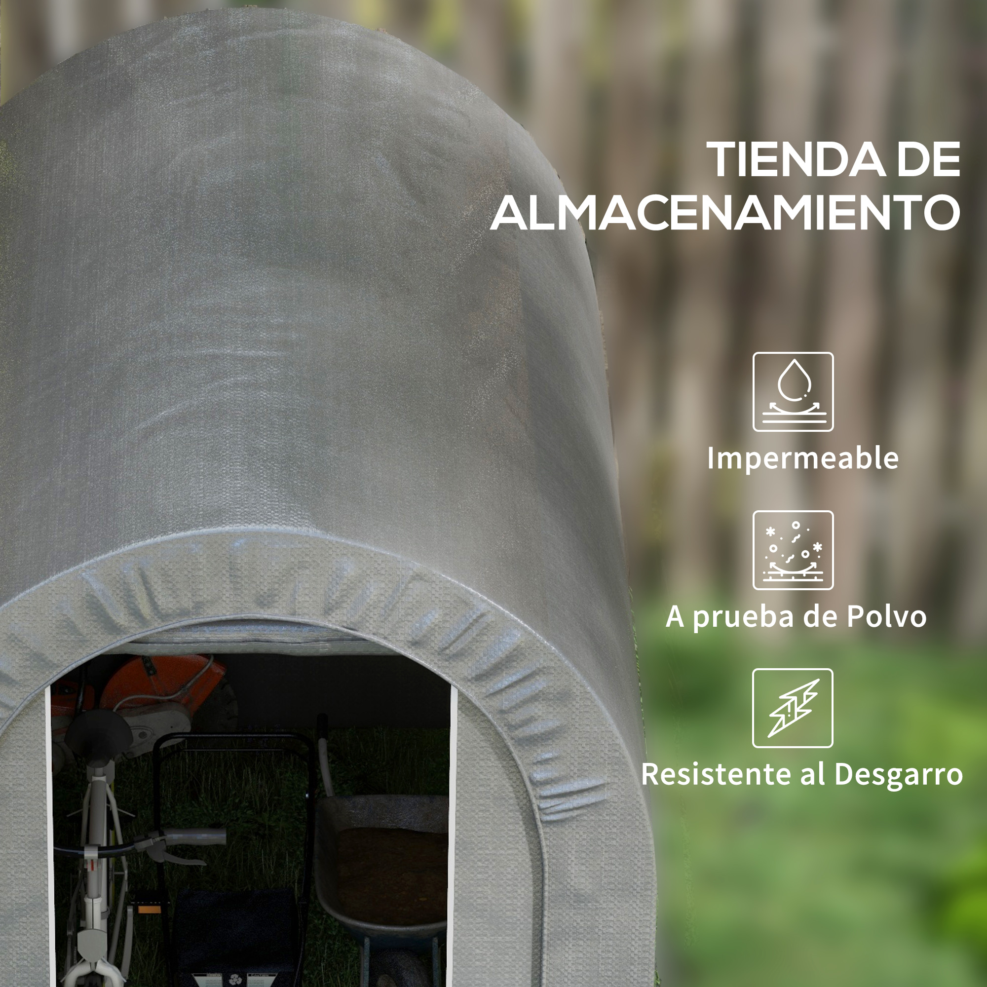 Tienda de almacenamiento gris con bicicleta, cortacésped y carretilla dentro.