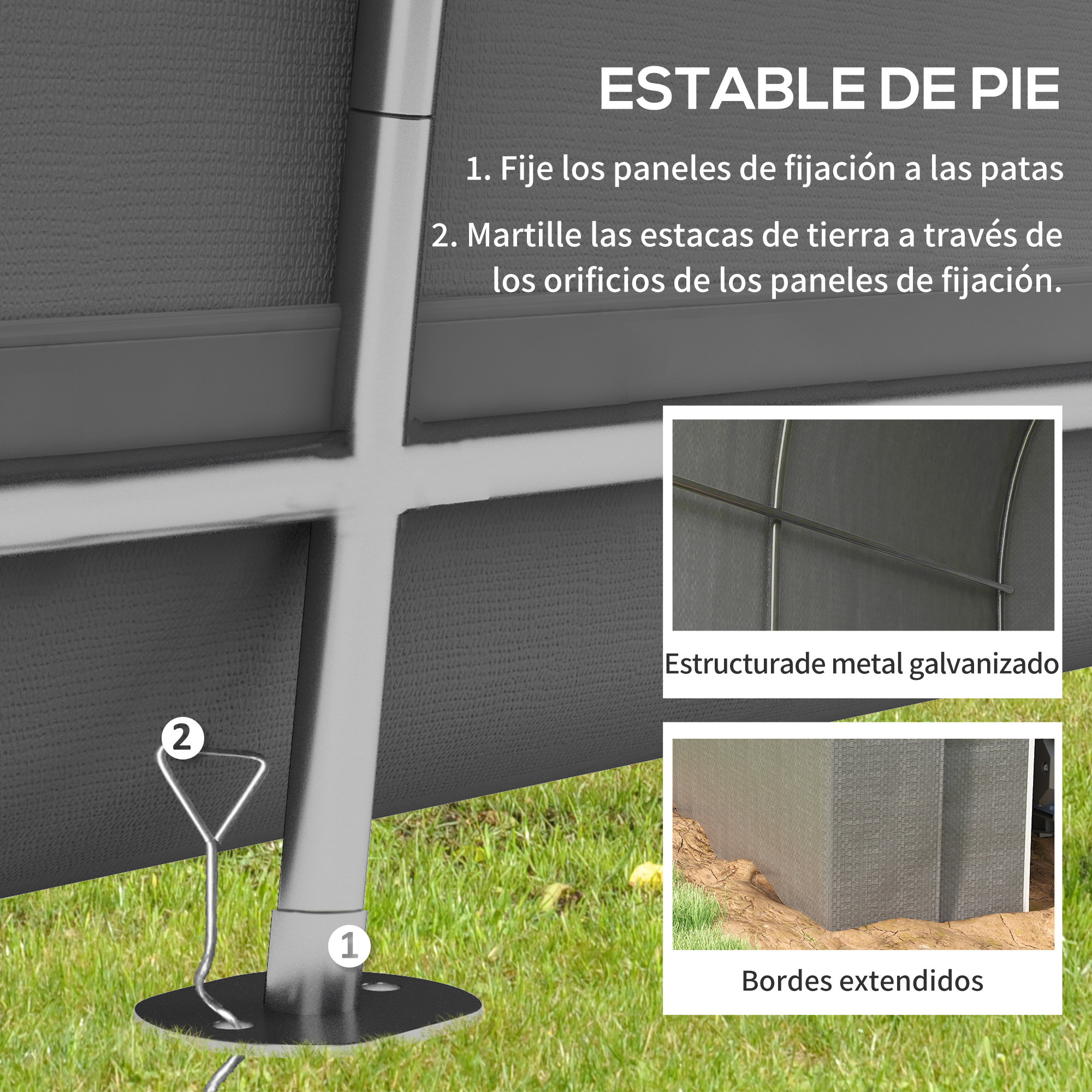 Estructura estable de pie con pies metálicos y estacas.
