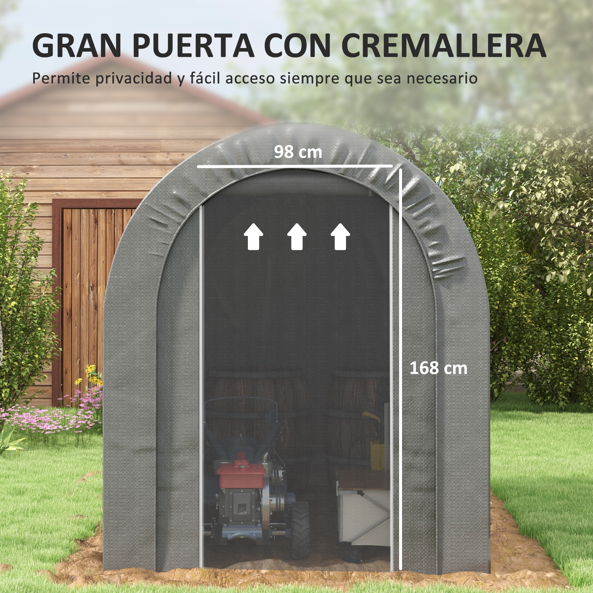 Entrada de carpa gris con cremallera, medidas 98x168 cm, con maquinaria dentro.