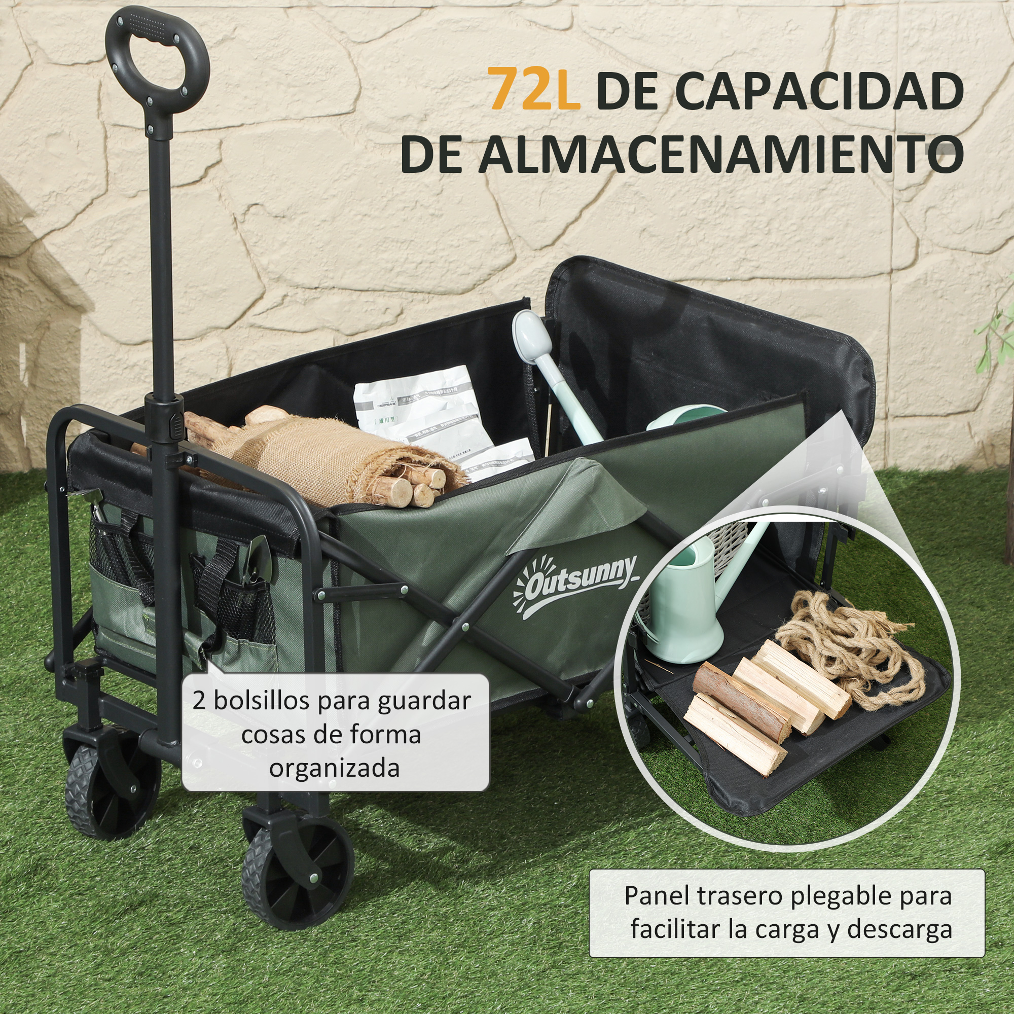 Carro verde para exteriores con mango, ruedas y bolsa de tela, lleno de madera.