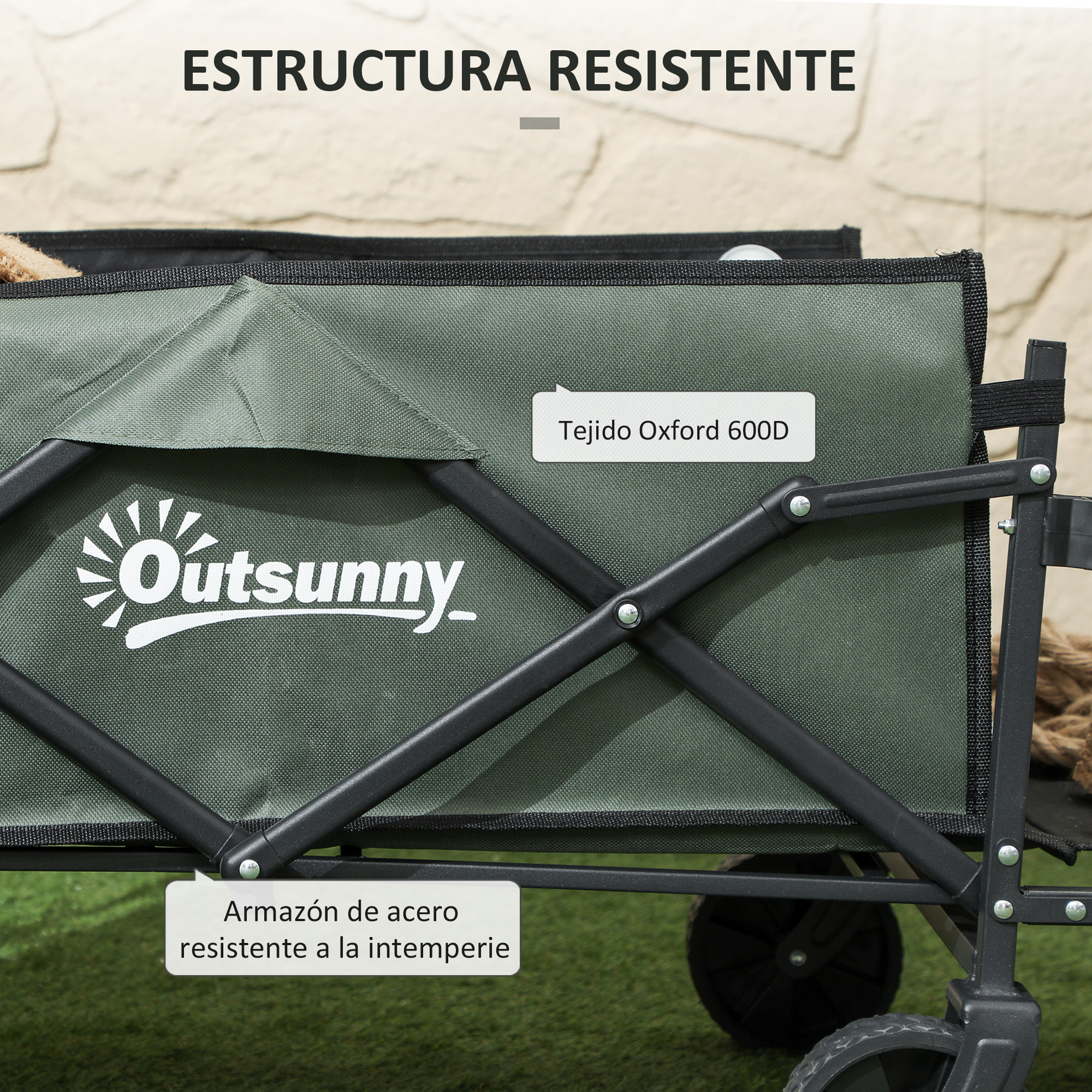 Carro de tela verde con marco de metal negro. El texto dice "Outsunny" y "Oxford 600D".