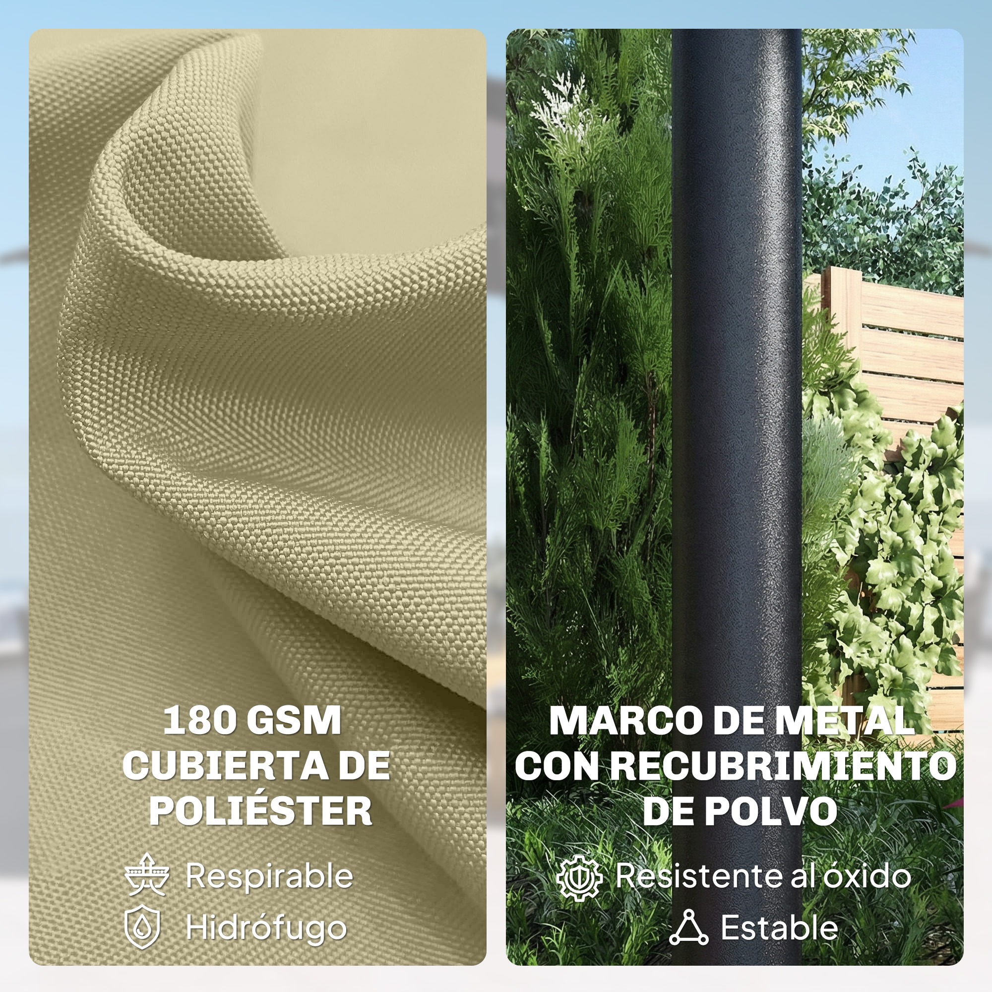 Tejido de poliéster beige y marco de metal negro junto a plantas verdes.