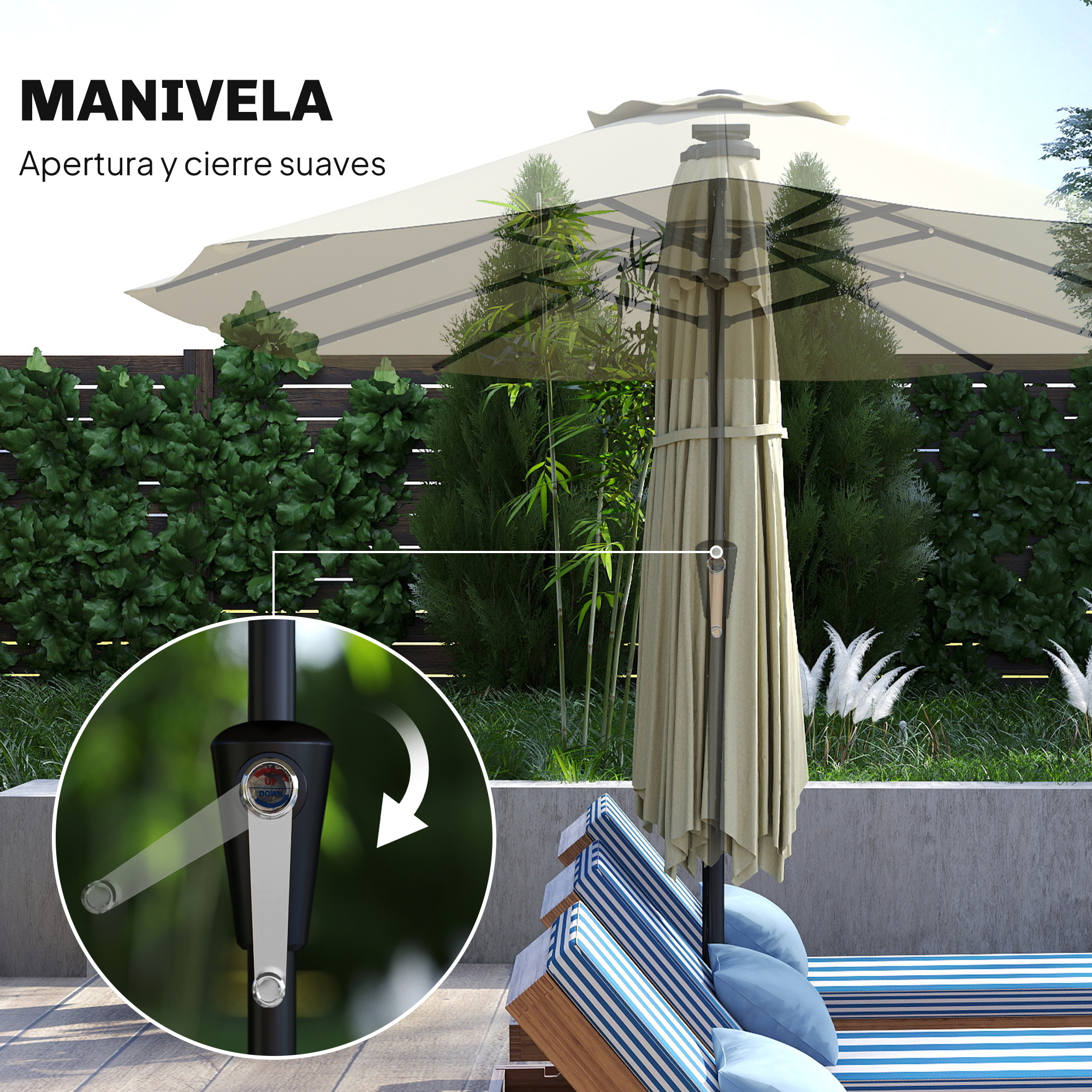 Un parasol con mecanismo de manivela, cerca de tumbonas.